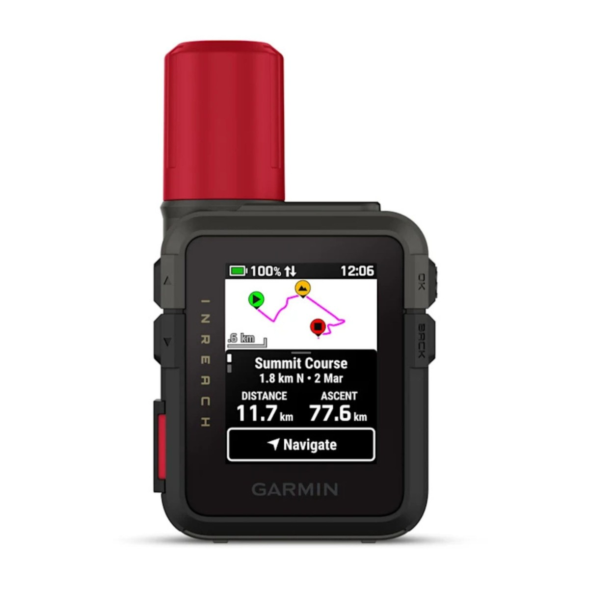 Garmin InReach GPS-Gerät mit roter Antenne und Kartenanzeige.