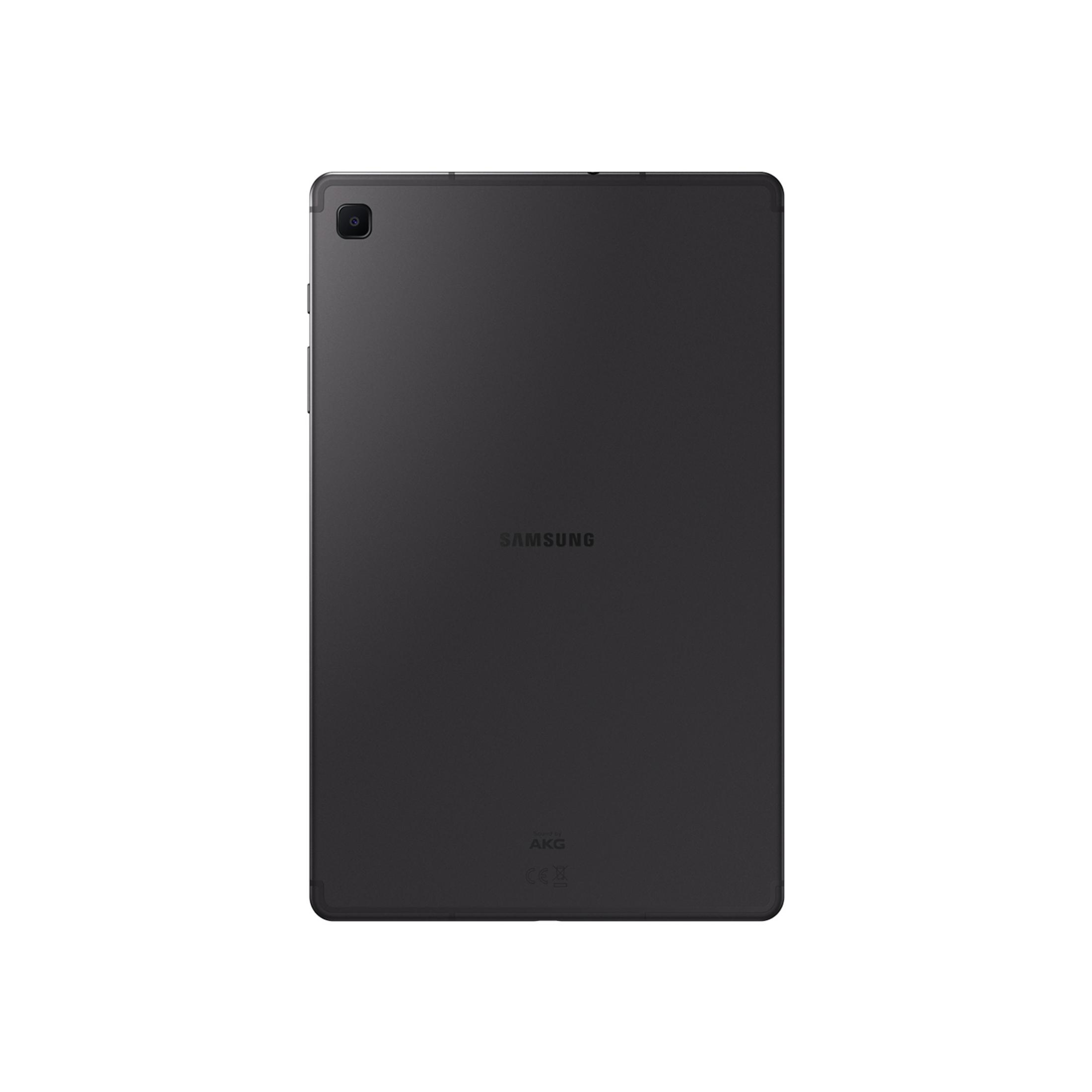 Rückseite eines dunklen Samsung Tablets mit Kameraobjektiv und Logo.