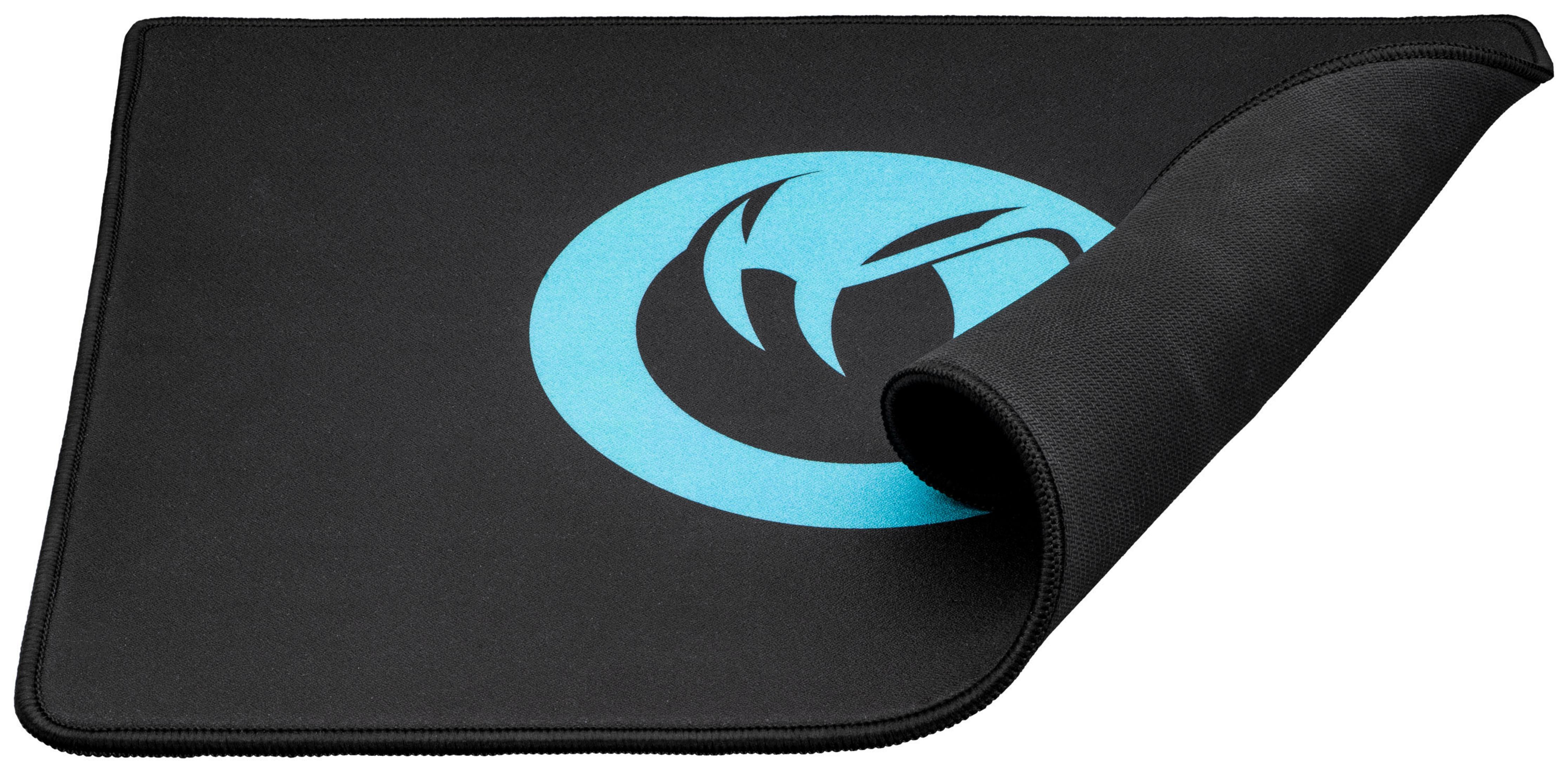 Tappetino mouse nero con logo blu. Un angolo è sollevato.