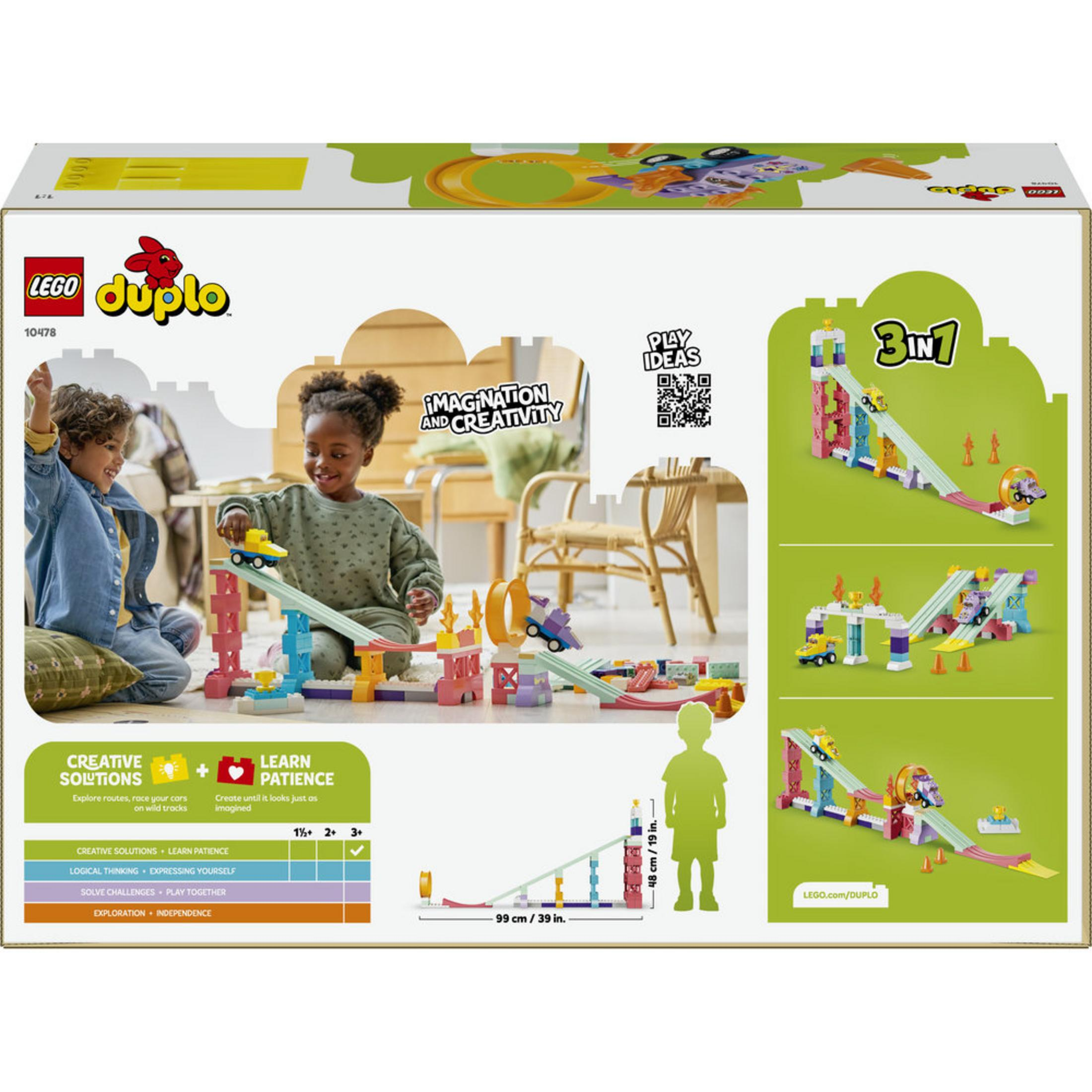 Scatola LEGO DUPLO mostra bambini con pista da corsa e macchinine. Include istruzioni.