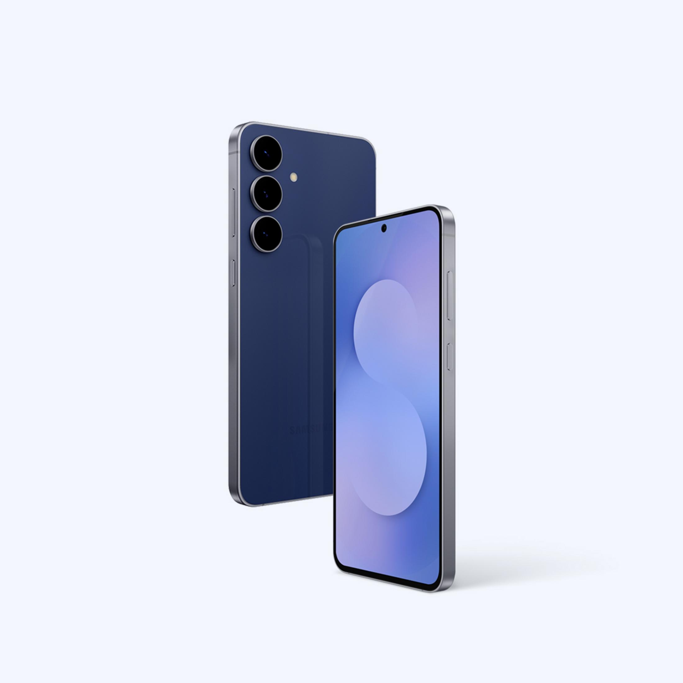 Due smartphone blu con bordi argentati su sfondo bianco.