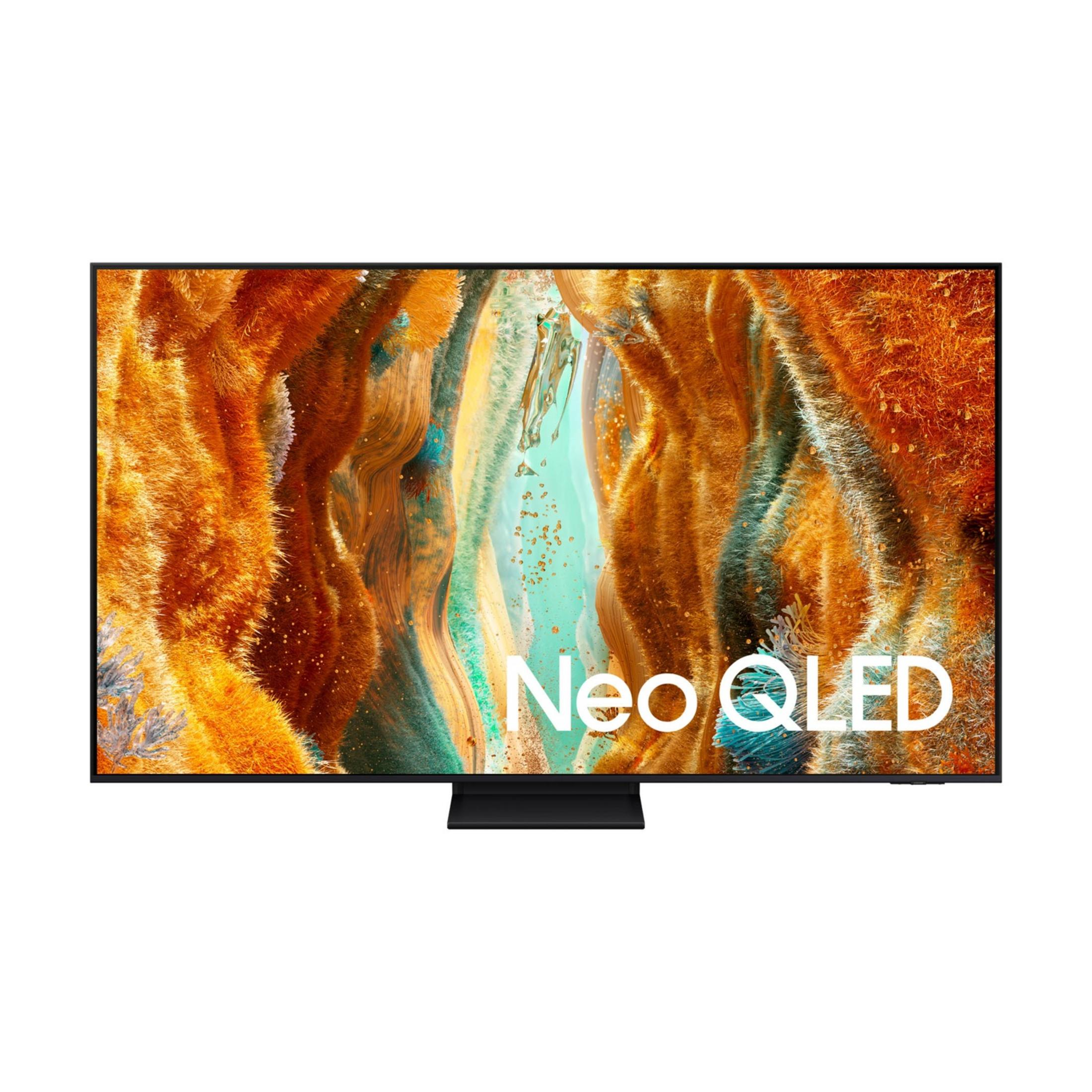 Un téléviseur Samsung Neo QLED affichant une image abstraite orange et bleue.
