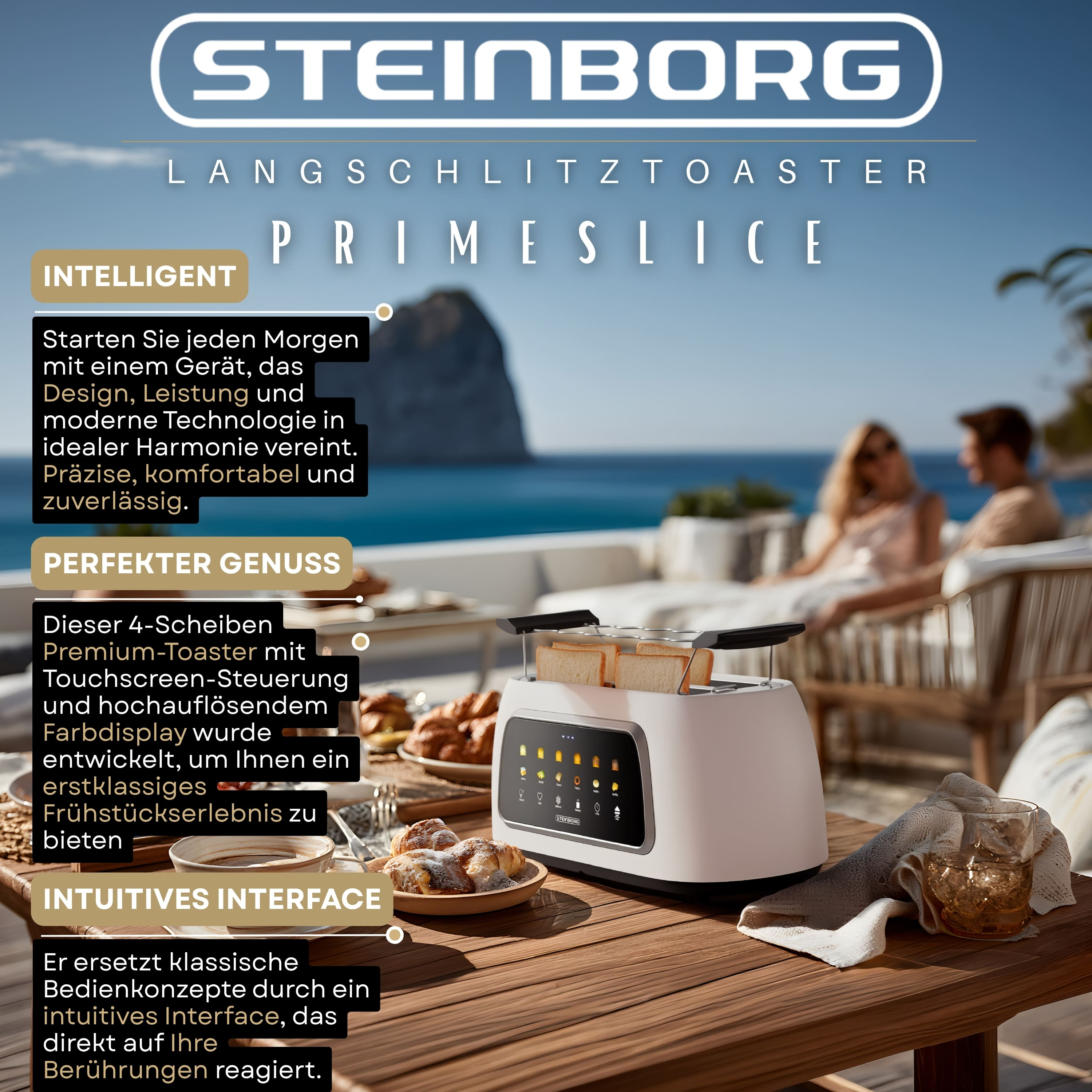 Steinborg Langschlitztoaster mit 4 Scheiben, Touchscreen, auf Holztisch mit Gebäck und Getränk.
