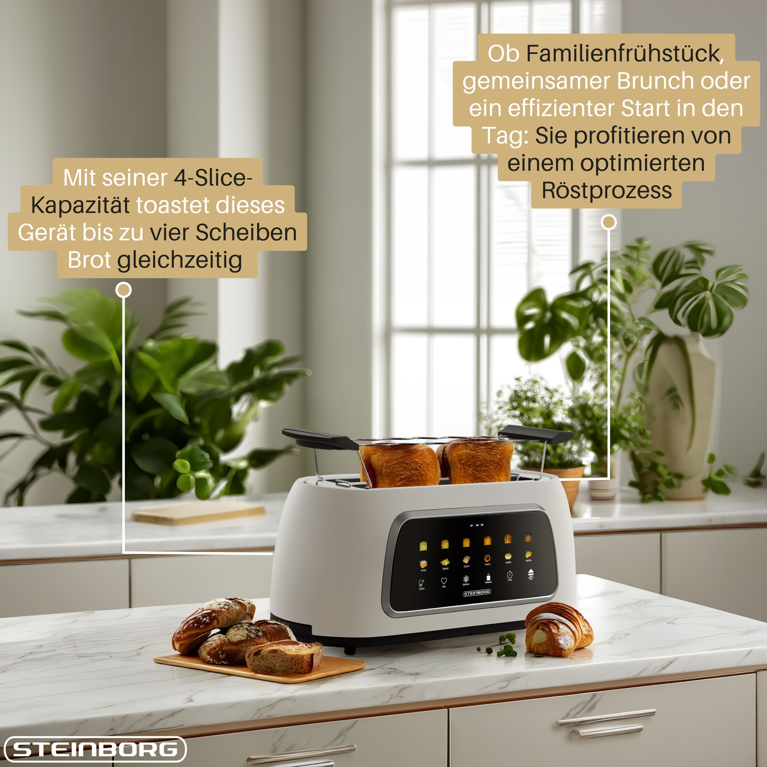 Ein weißer Toaster toastet vier Brotscheiben neben Gebäck auf einer Marmorarbeitsplatte.