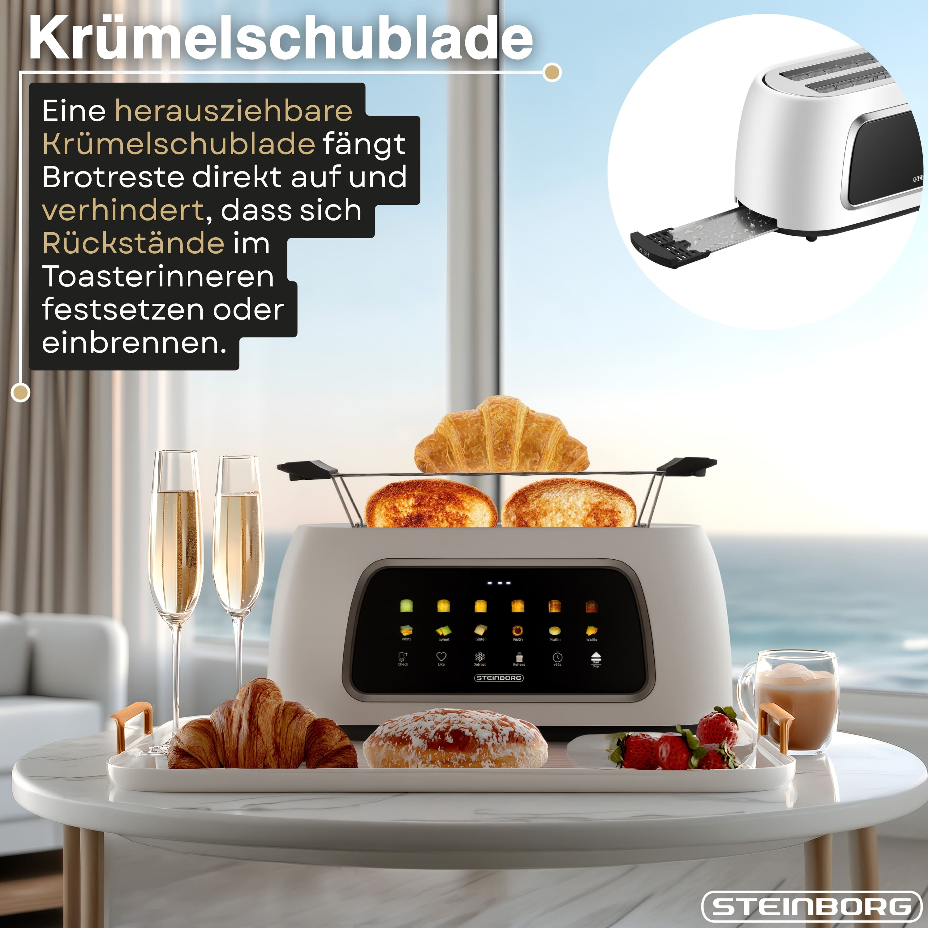 Ein Toaster mit Krümelschublade, Toast, Croissants, Erdbeeren und Champagner.
