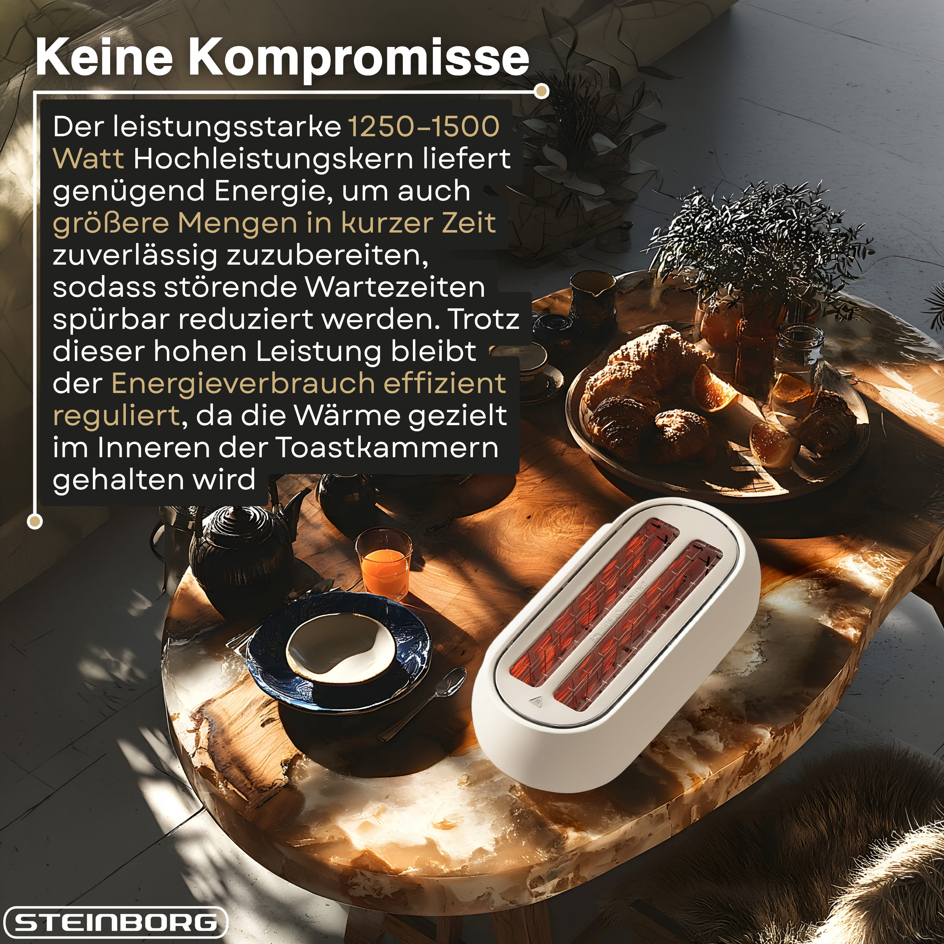 Ein moderner Toaster mit zwei Schlitzen steht auf einem Holztisch neben Gebäck und Orangenscheiben.