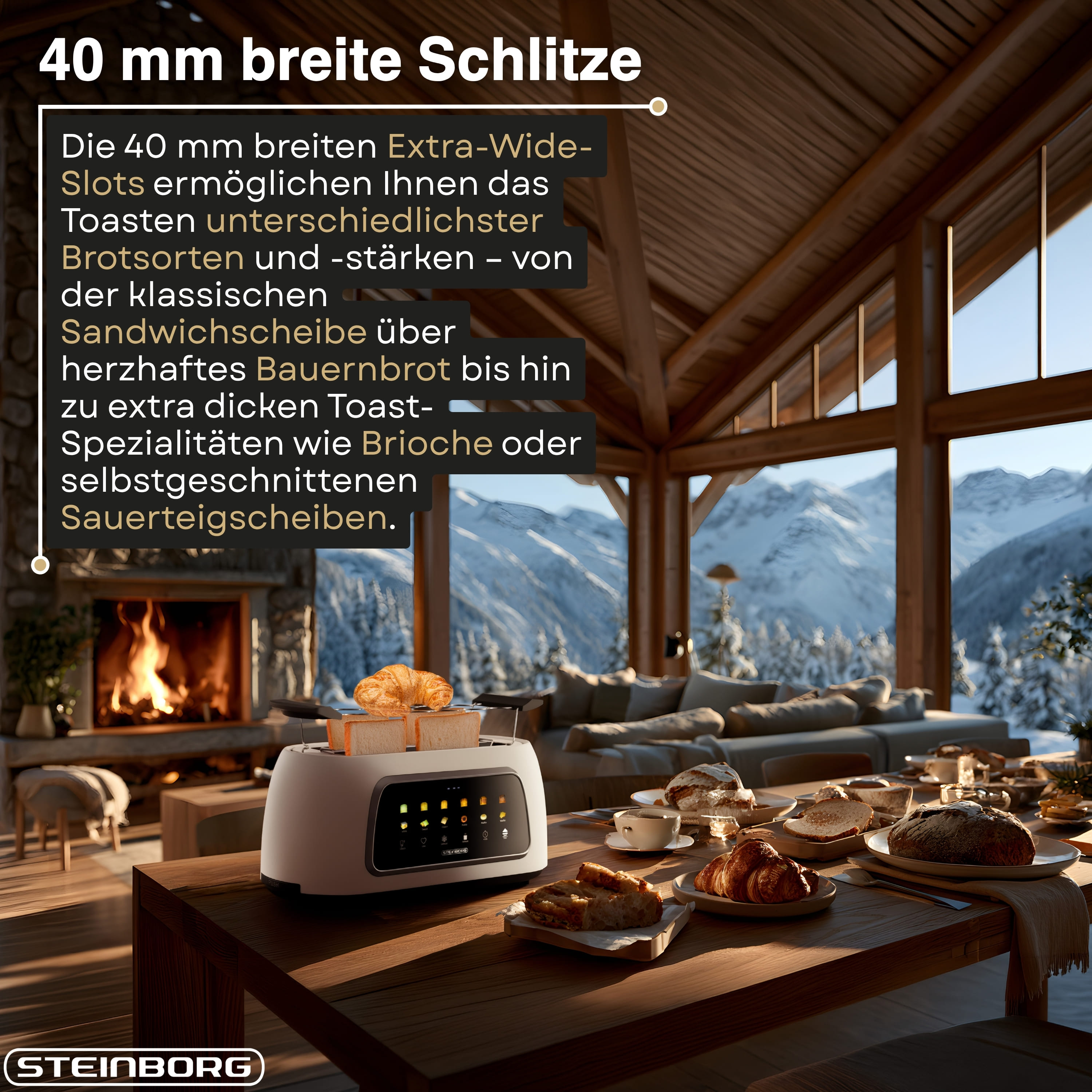 Weißer Toaster mit Toast und Croissant auf Holztisch, Kamin und Schneegebirge.