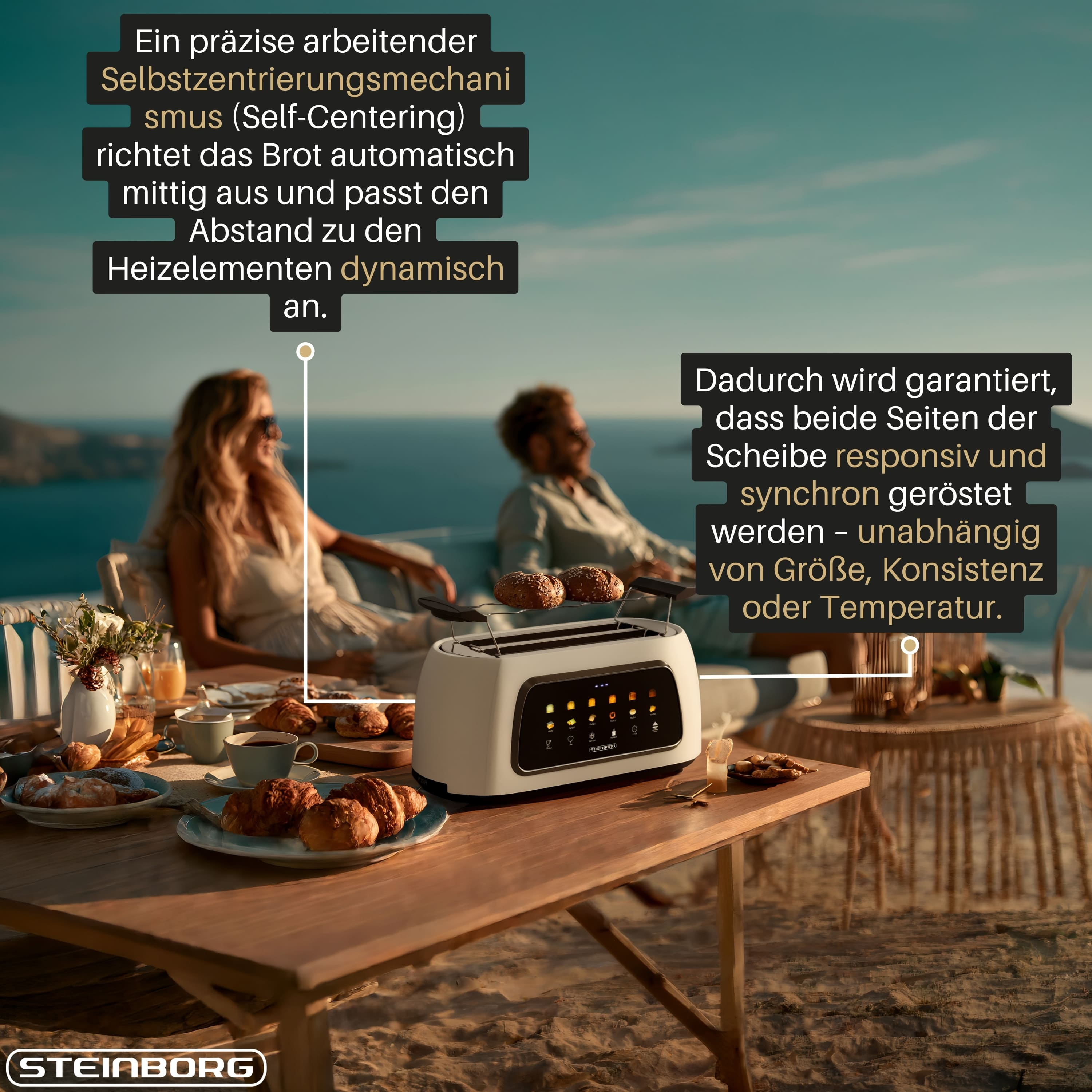 Ein weißer Toaster auf einem Holztisch mit Frühstück und zwei Personen im Hintergrund.