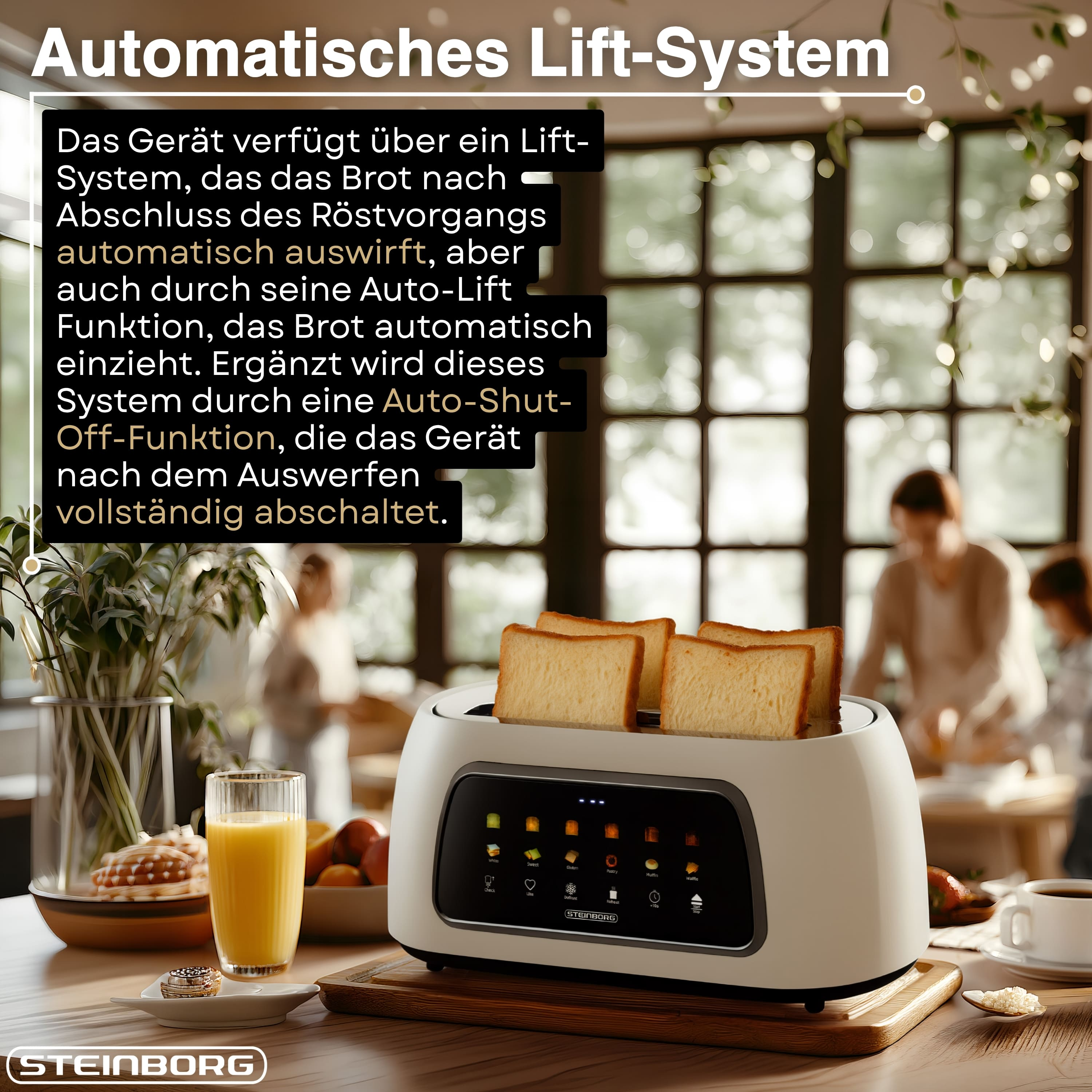 Ein weißer Toaster mit Brot im Schlitz und Toast-Menü auf dem Display.
