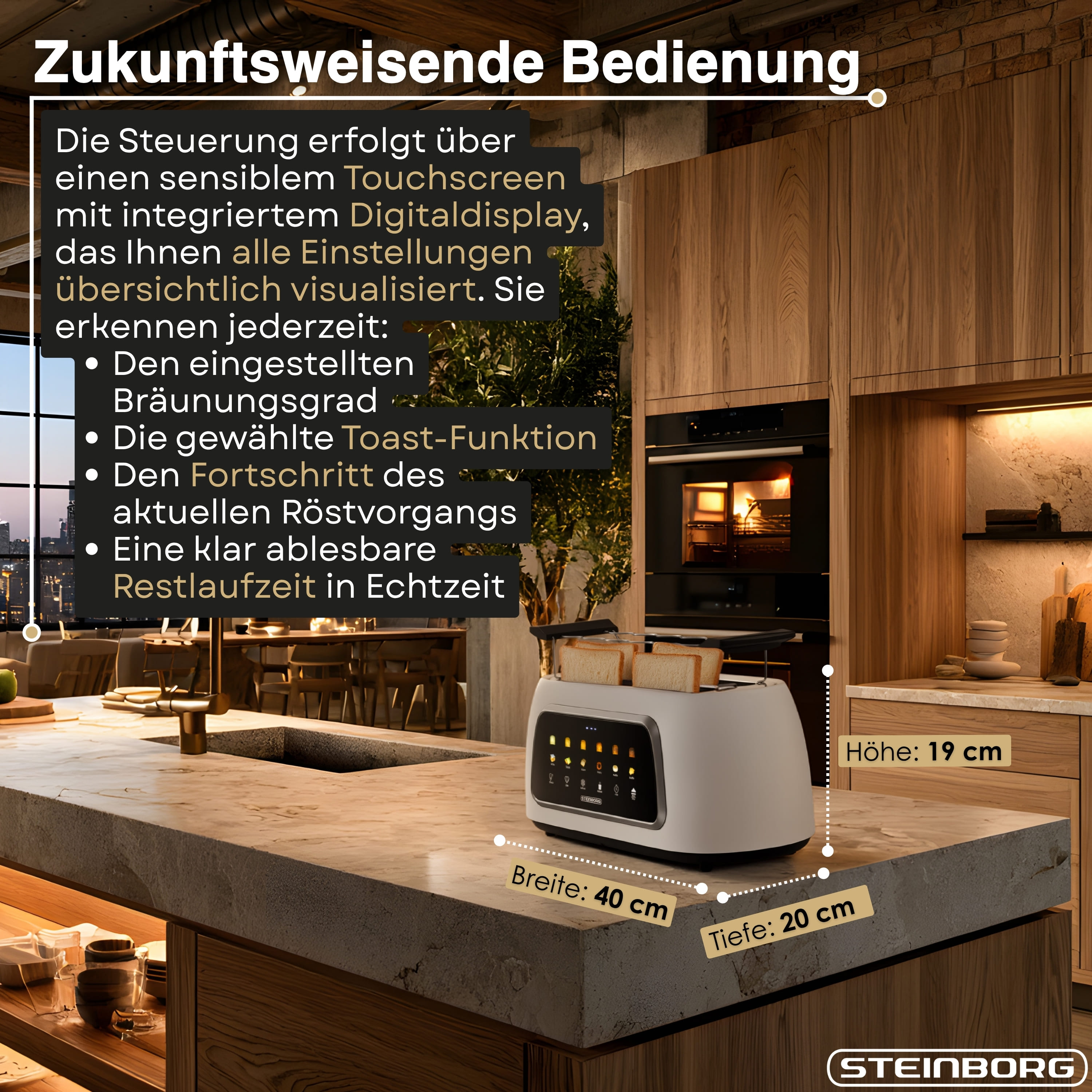 Moderner Toaster mit Touchscreen-Bedienung auf einer Küchenarbeitsplatte.