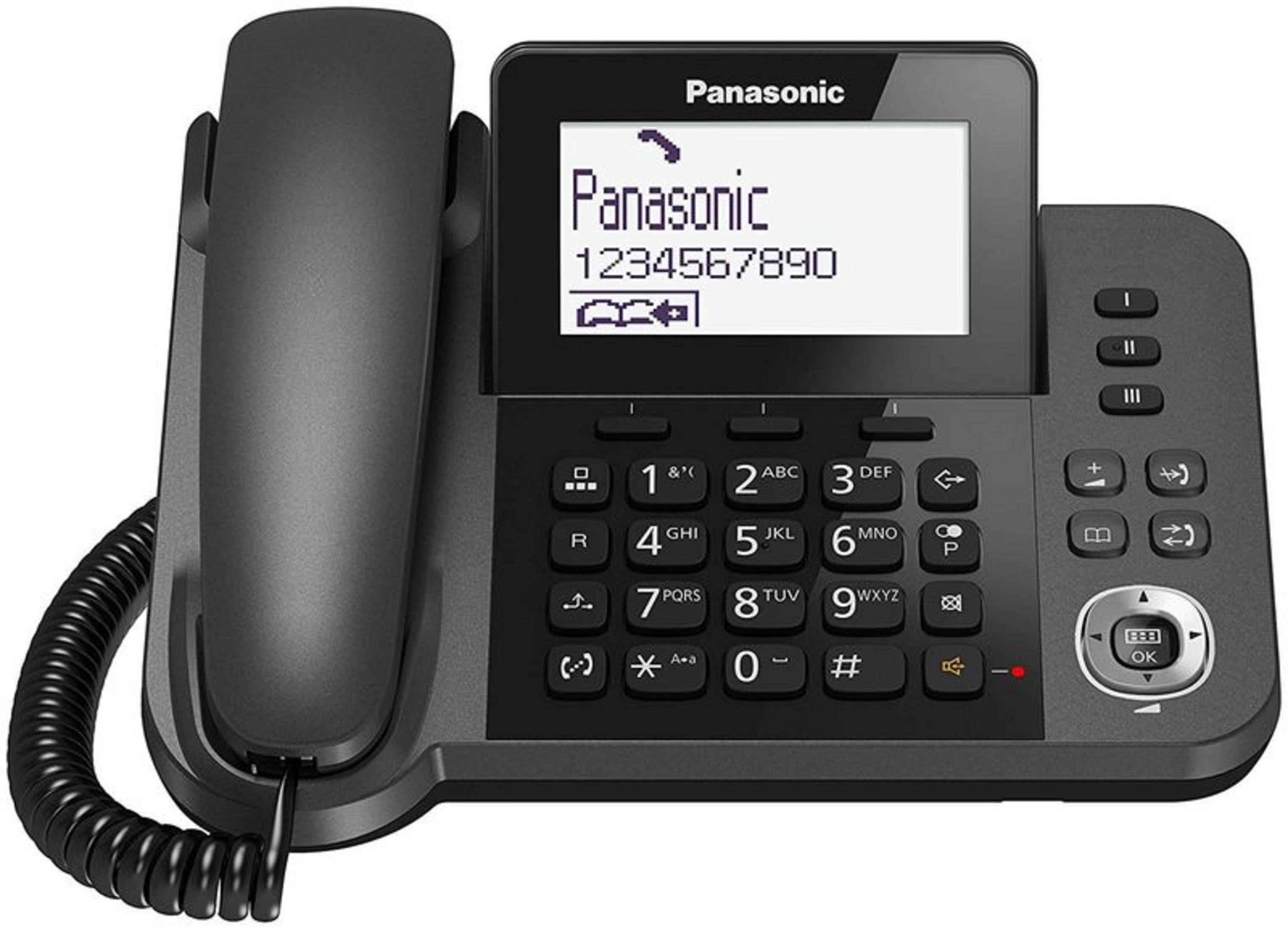 Un telefono fisso Panasonic nero con display e tastiera.