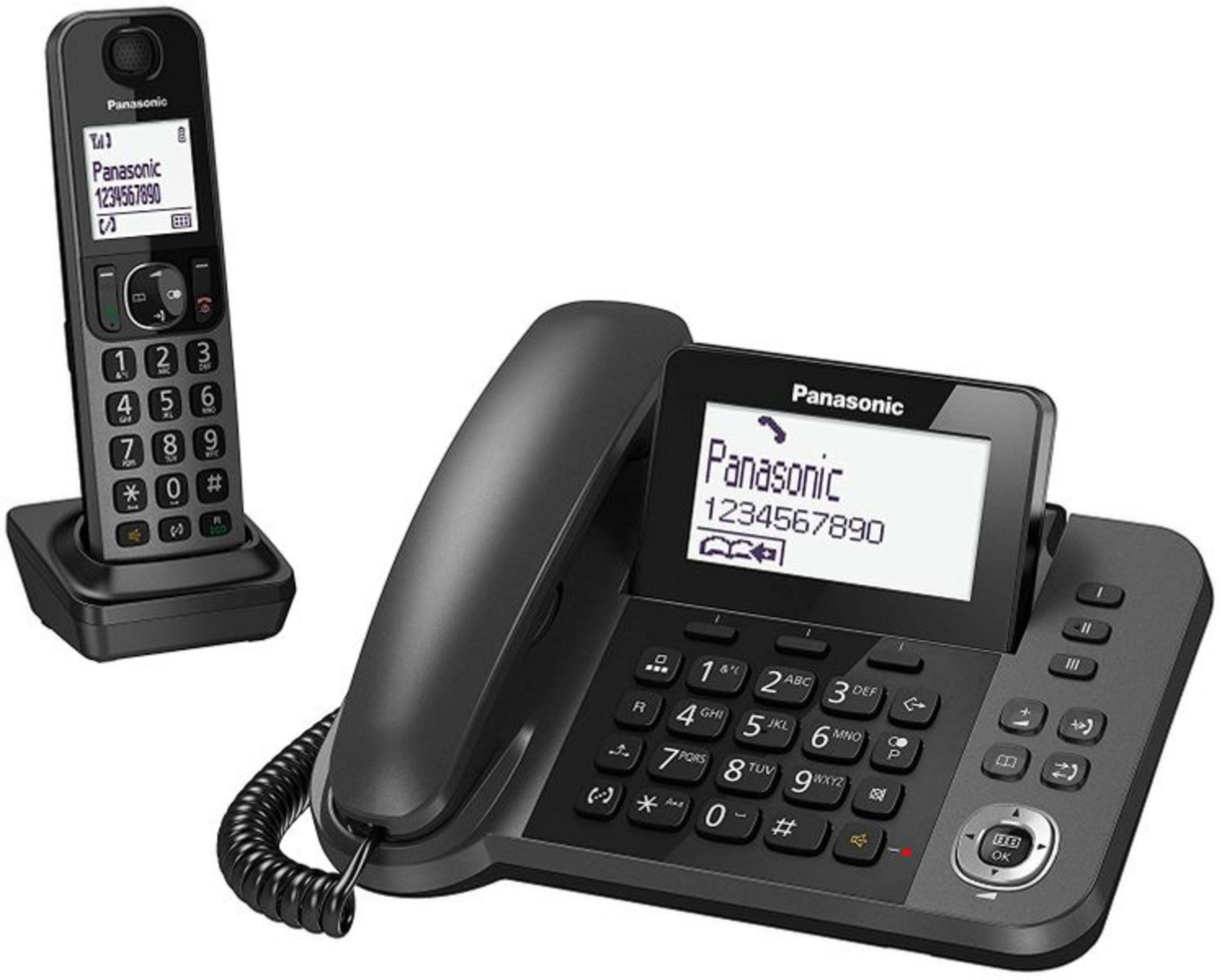 Un telefono cordless nero con la sua base e un telefono con cavo.