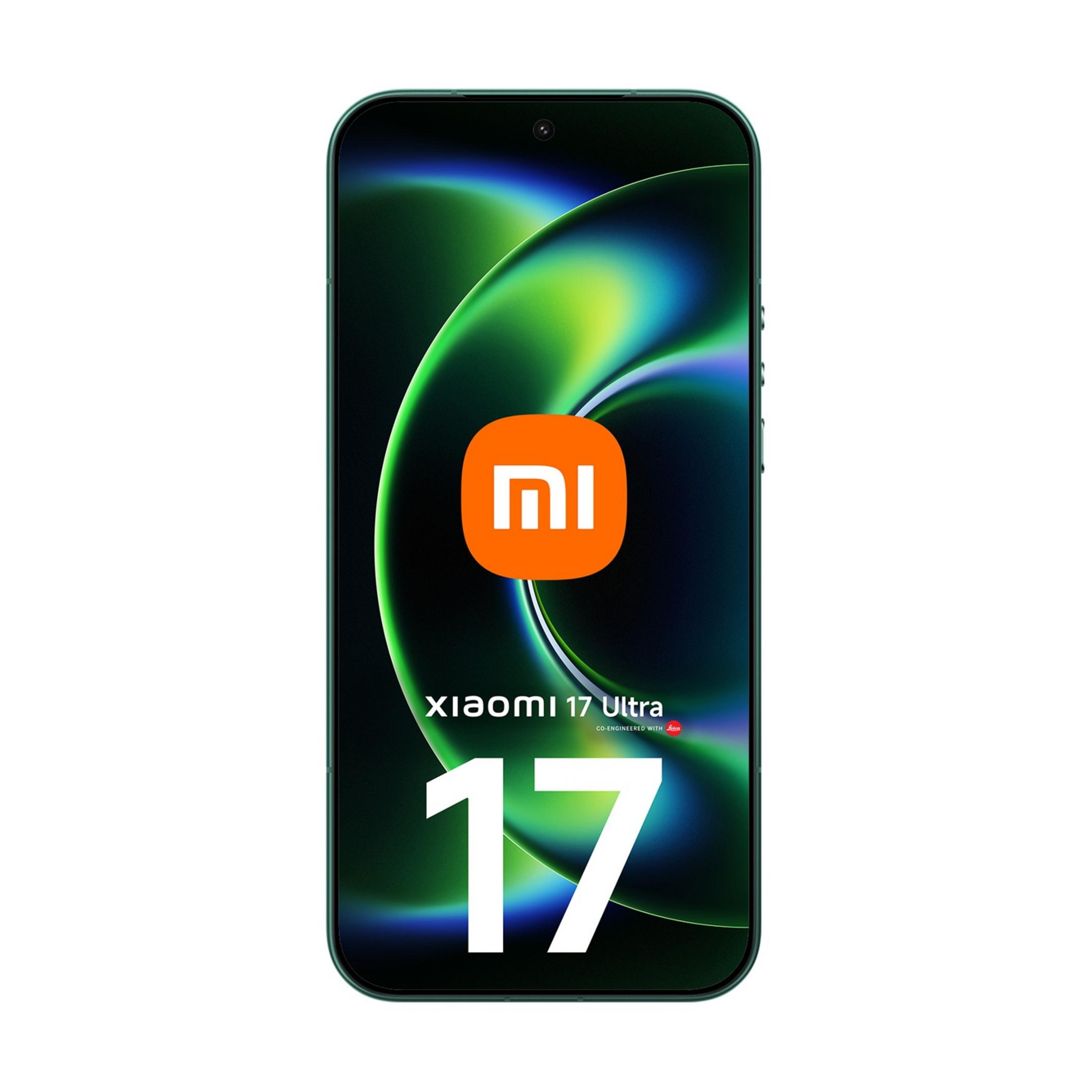 Zielony smartfon Xiaomi 17 Ultra z pomarańczowym logo Mi na ekranie.