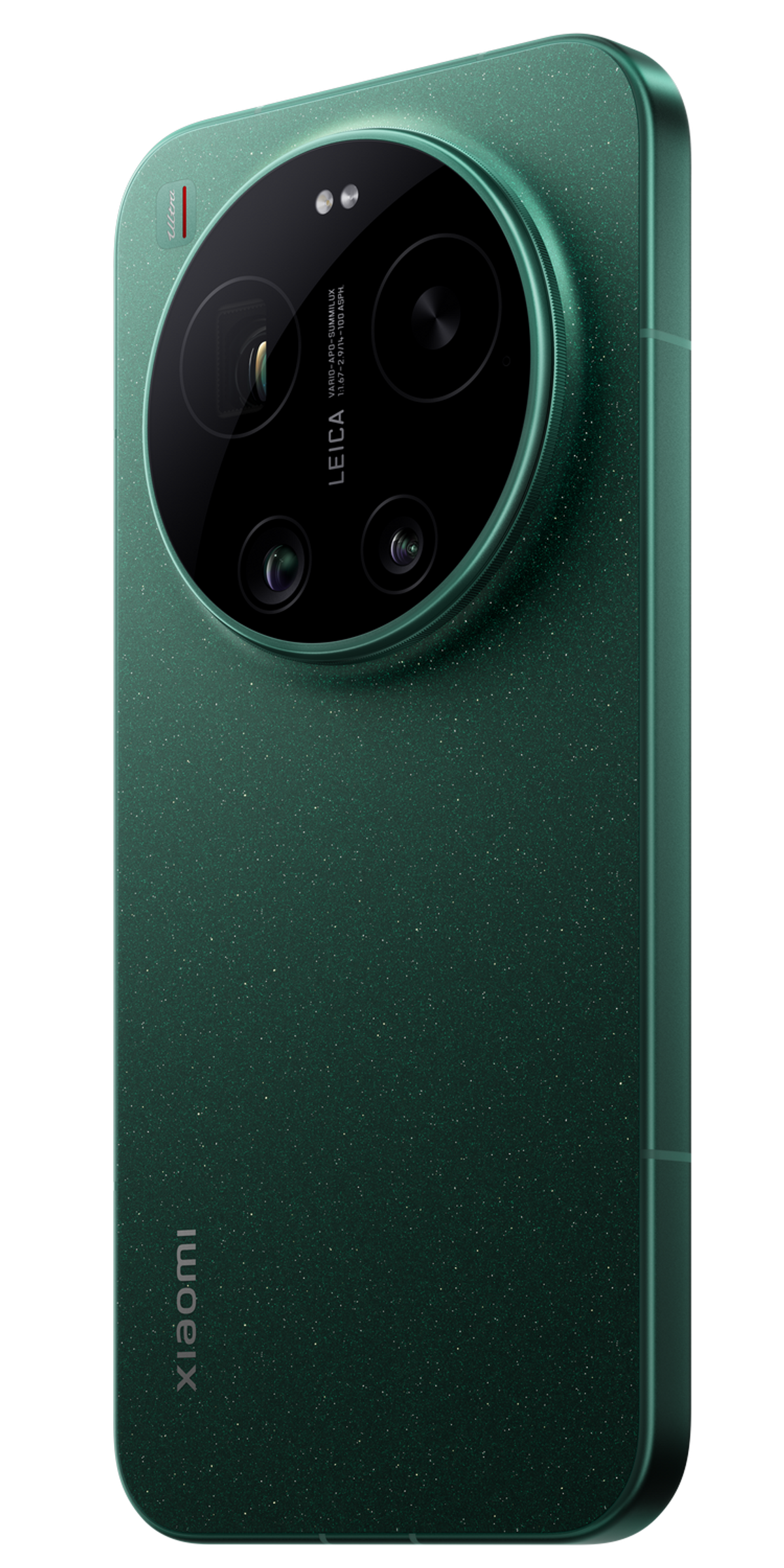 Zielony smartfon Xiaomi z aparatem Leica i błyszczącym tyłem.