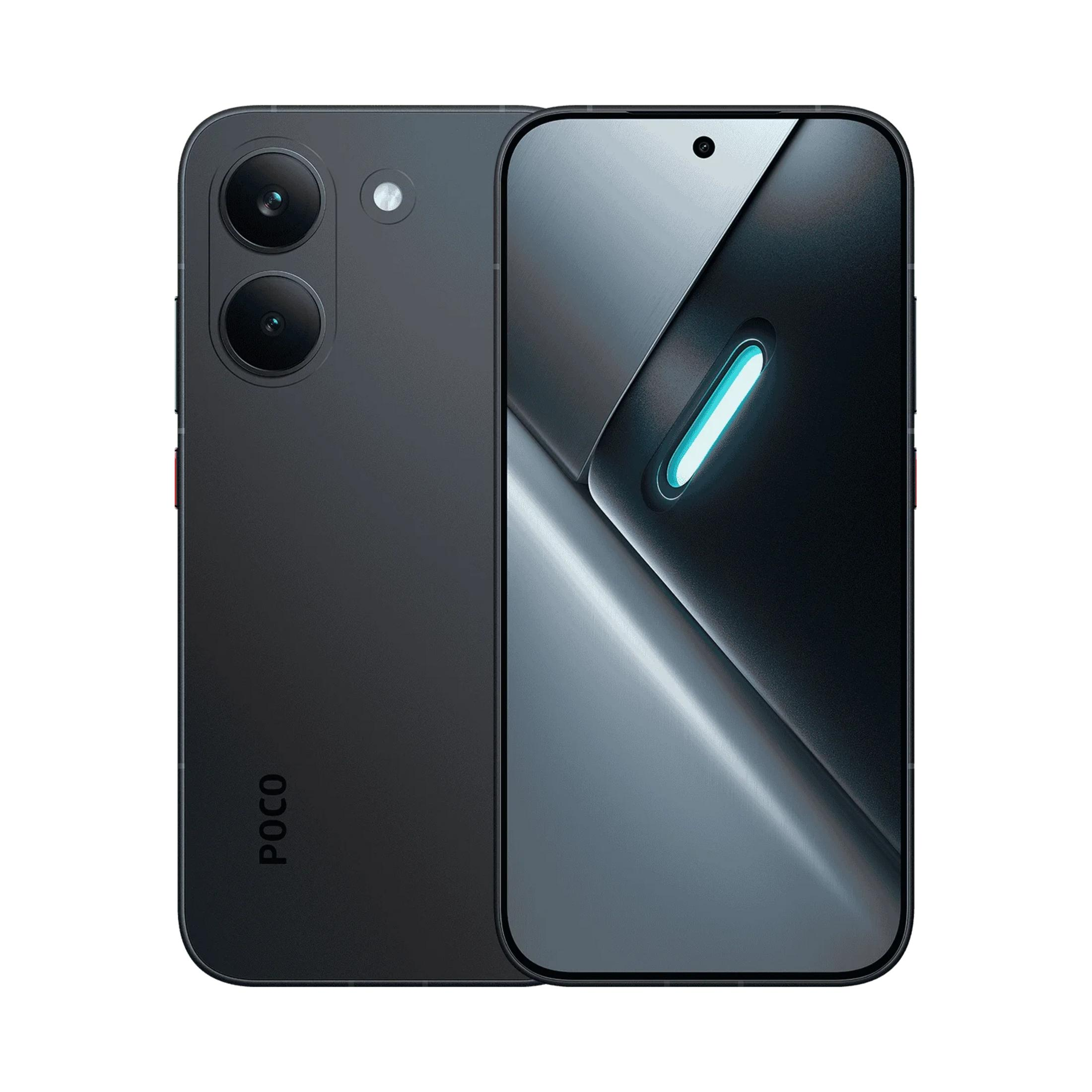 Dunkelgraues Smartphone mit zwei Kameras und POCO-Logo.
