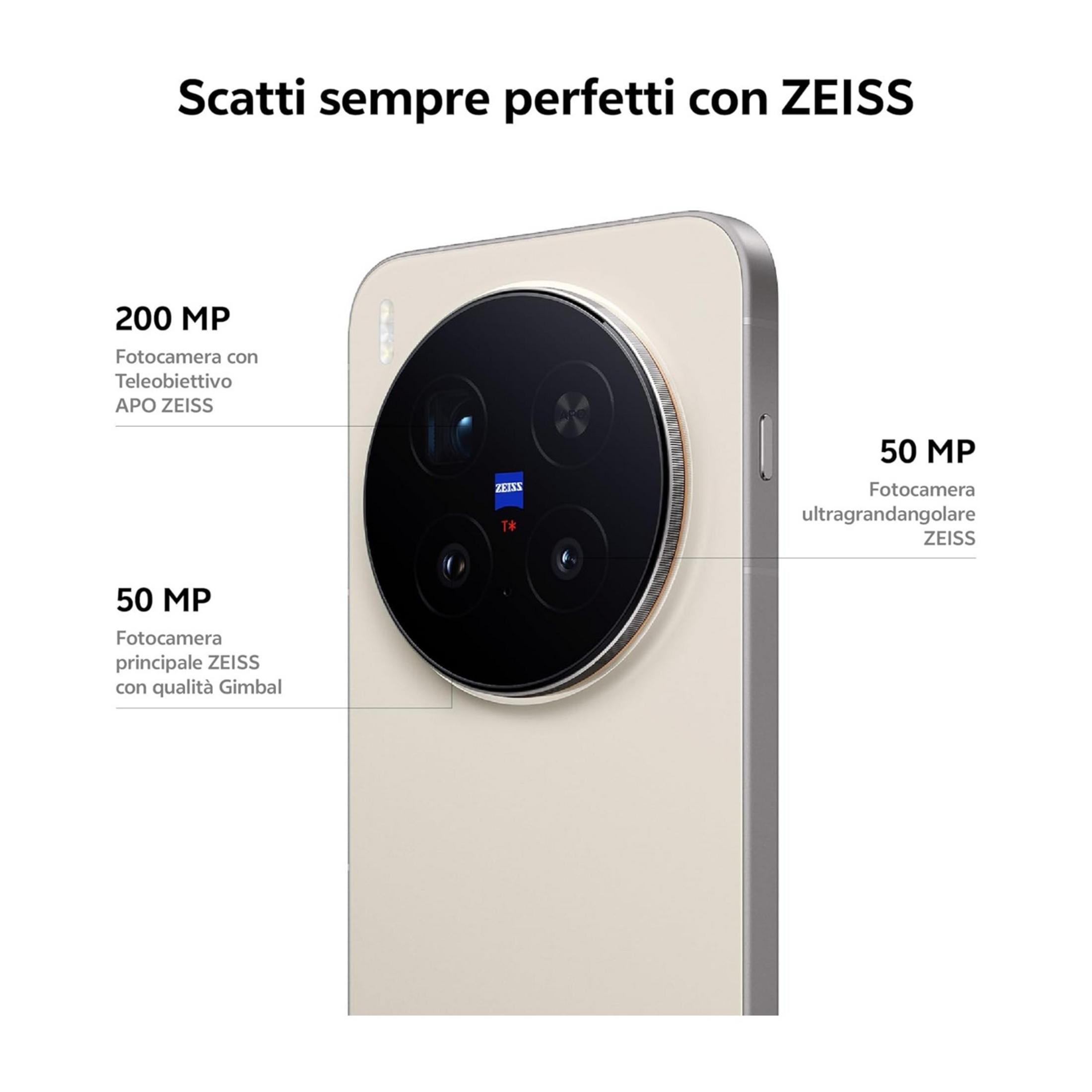 Parte trasera de un smartphone con cámara ZEISS y detalles técnicos.