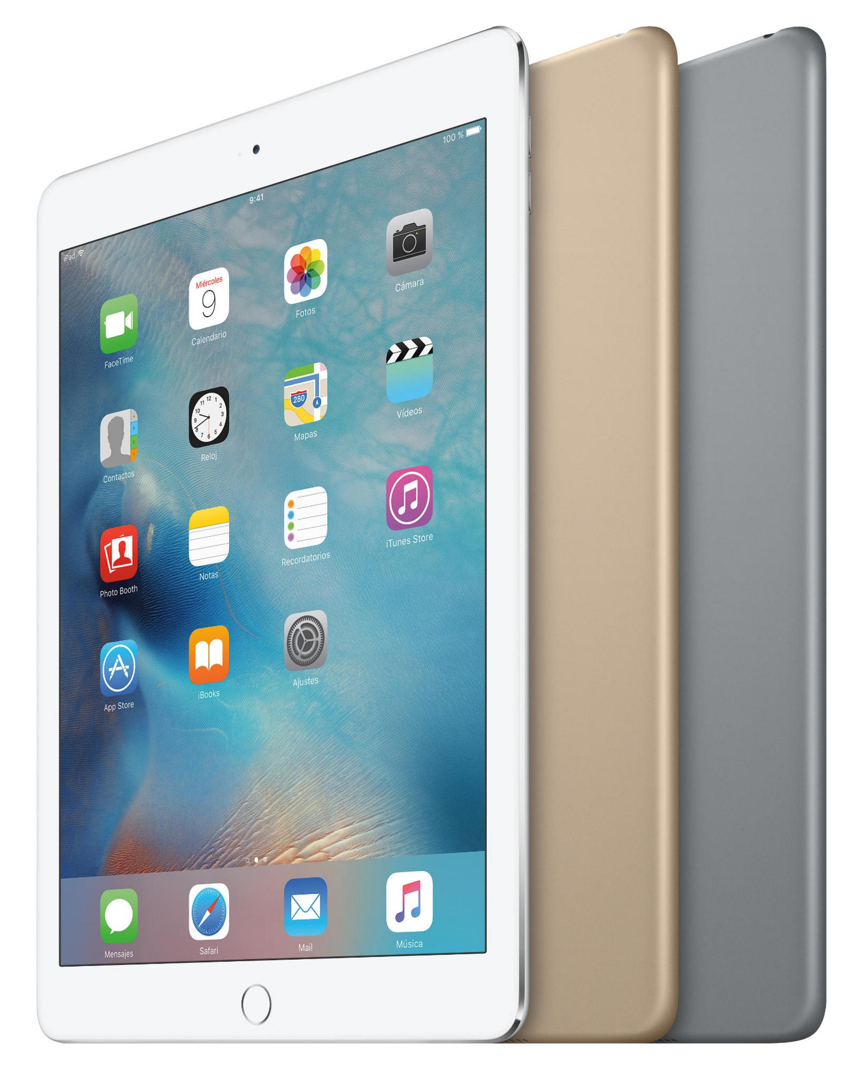 Un iPad blanco mostrando apps, con iPads dorados y grises al lado.