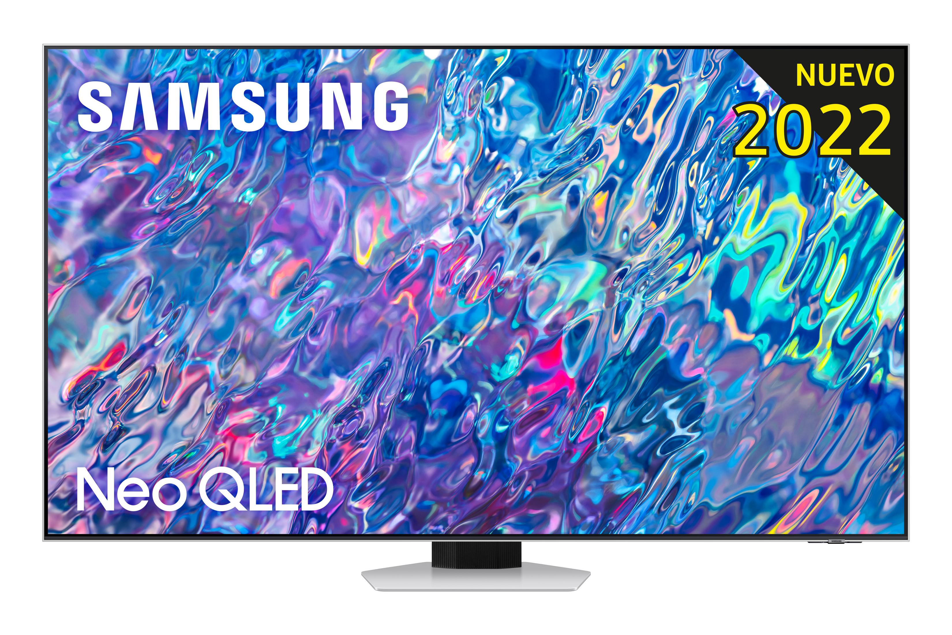 Samsung Neo QLED TV mit einem bunten, flüssigen Muster auf dem Bildschirm. Oben rechts "Nuevo 2022".