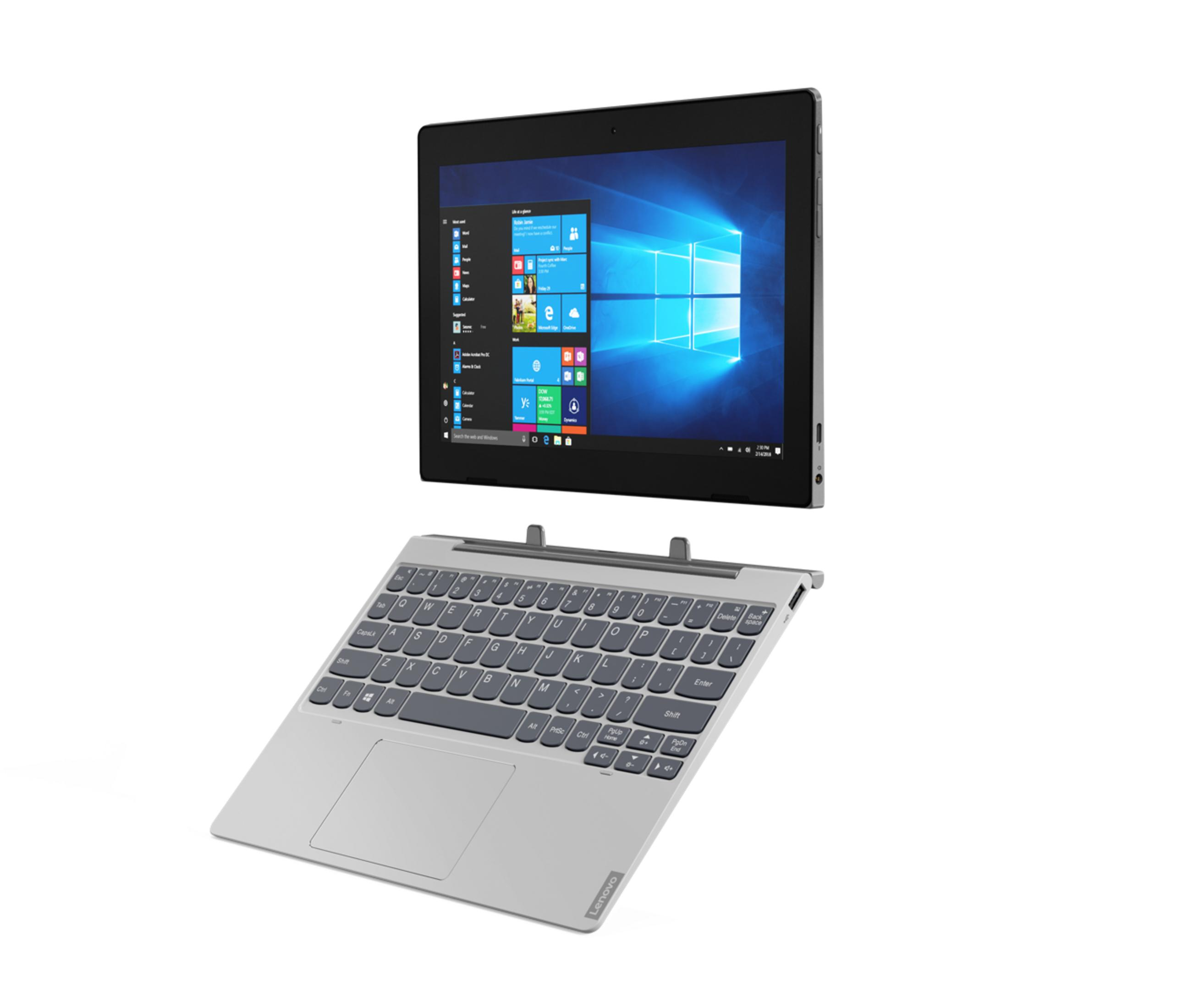 Una tableta Lenovo plateada con teclado desmontable, sobre fondo blanco.