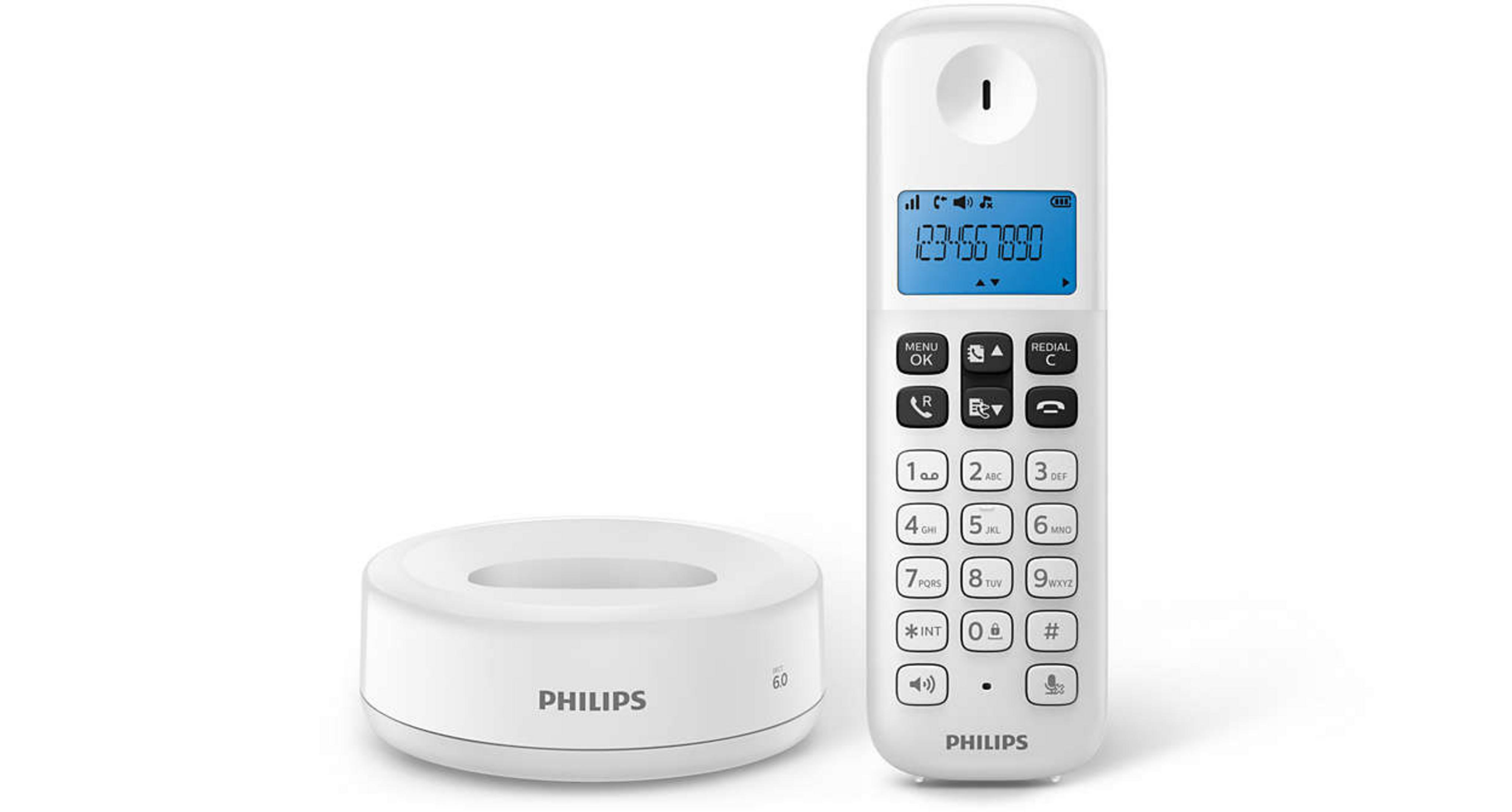 Un teléfono inalámbrico blanco y su base de carga.