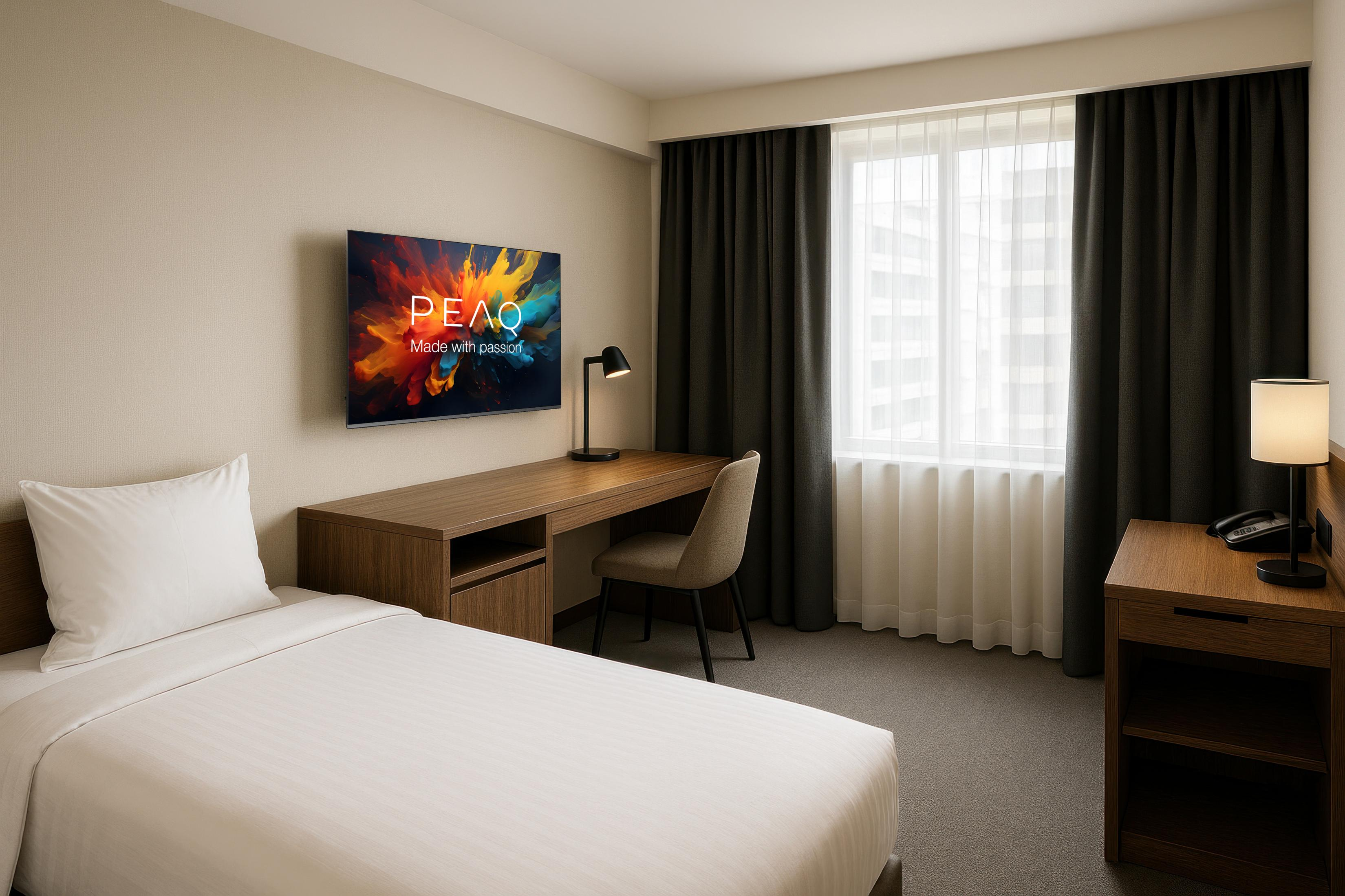 Ein Hotelzimmer mit Bett, Schreibtisch, Fernseher und Fenster.
