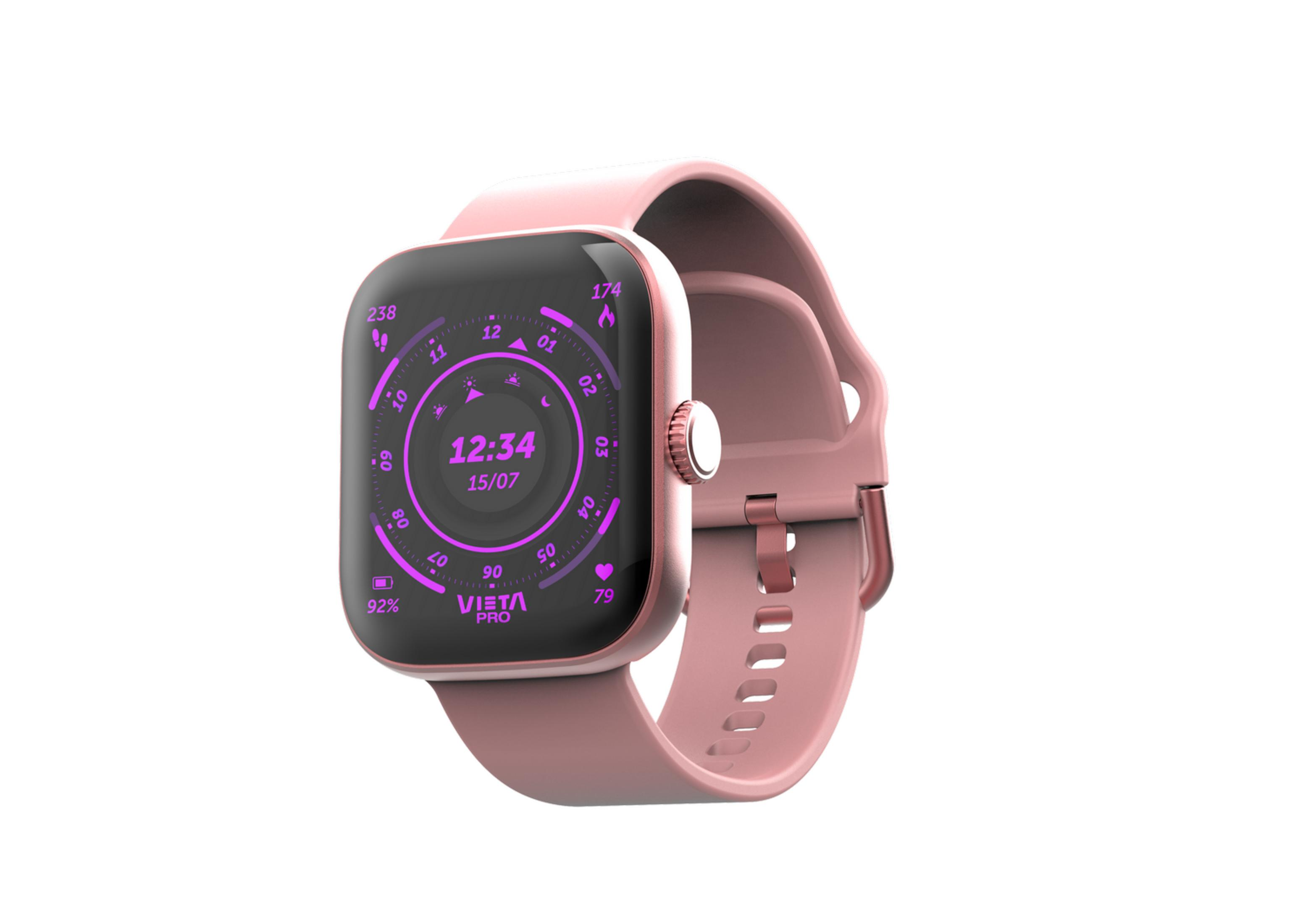 Un reloj inteligente rosa con pantalla oscura que muestra las 12:34.