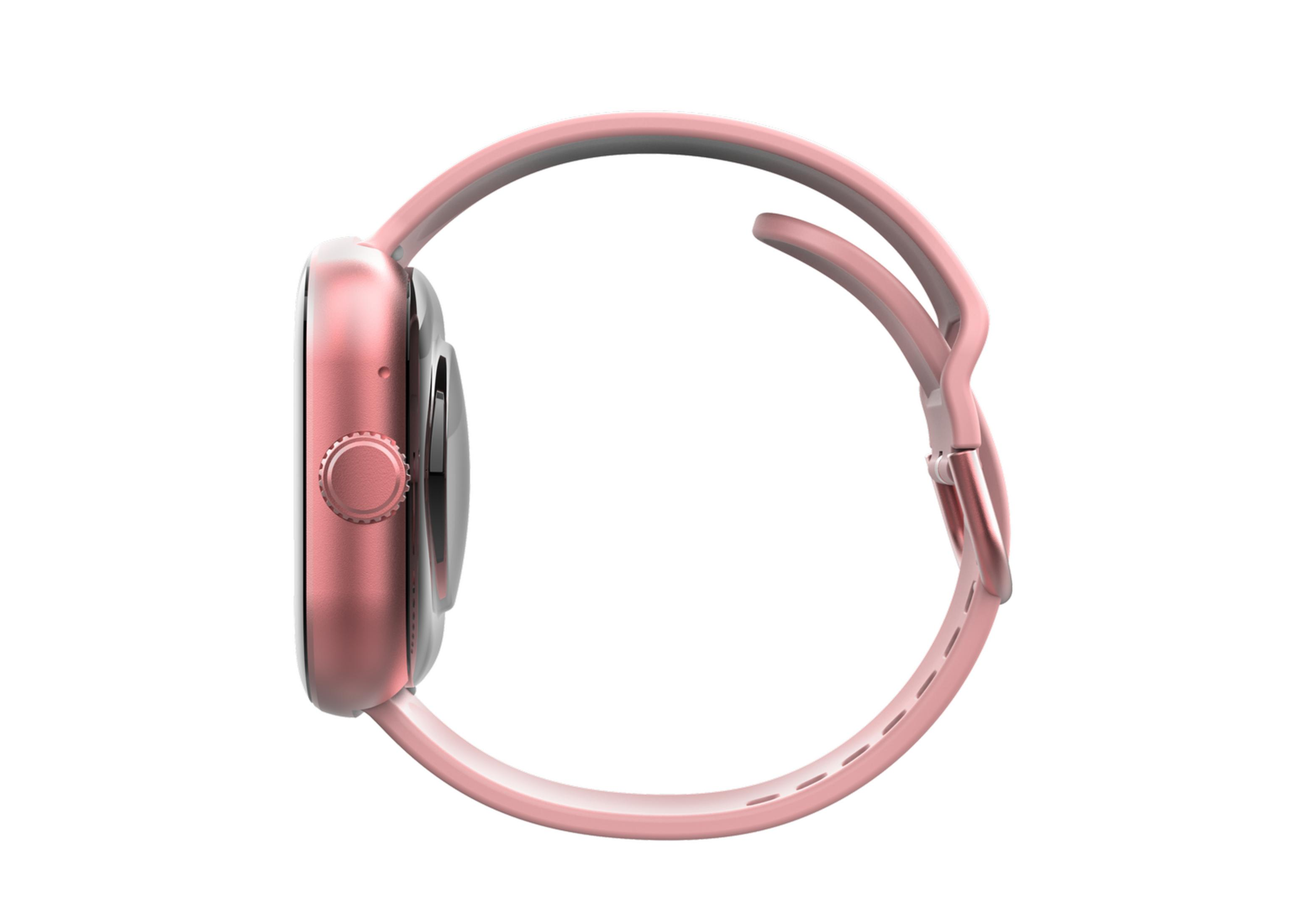 Un reloj inteligente oro rosa con banda rosa sobre fondo blanco.