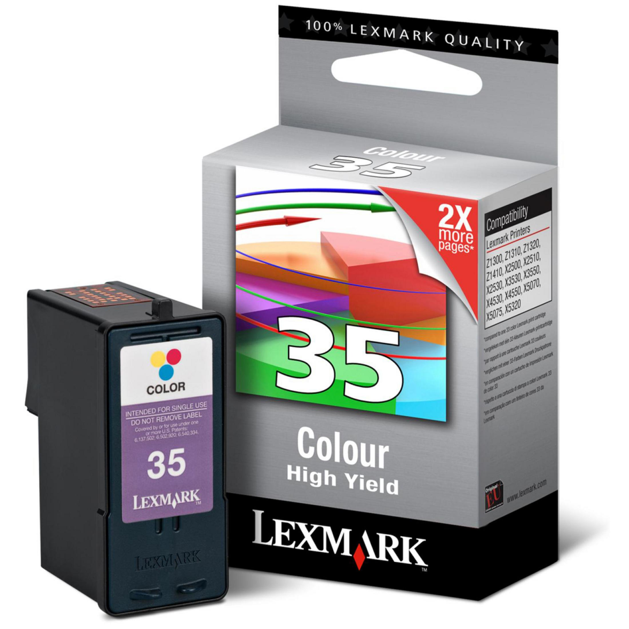 Cartuccia d'inchiostro Lexmark 35 Colore Alta Resa e confezione con grafico.