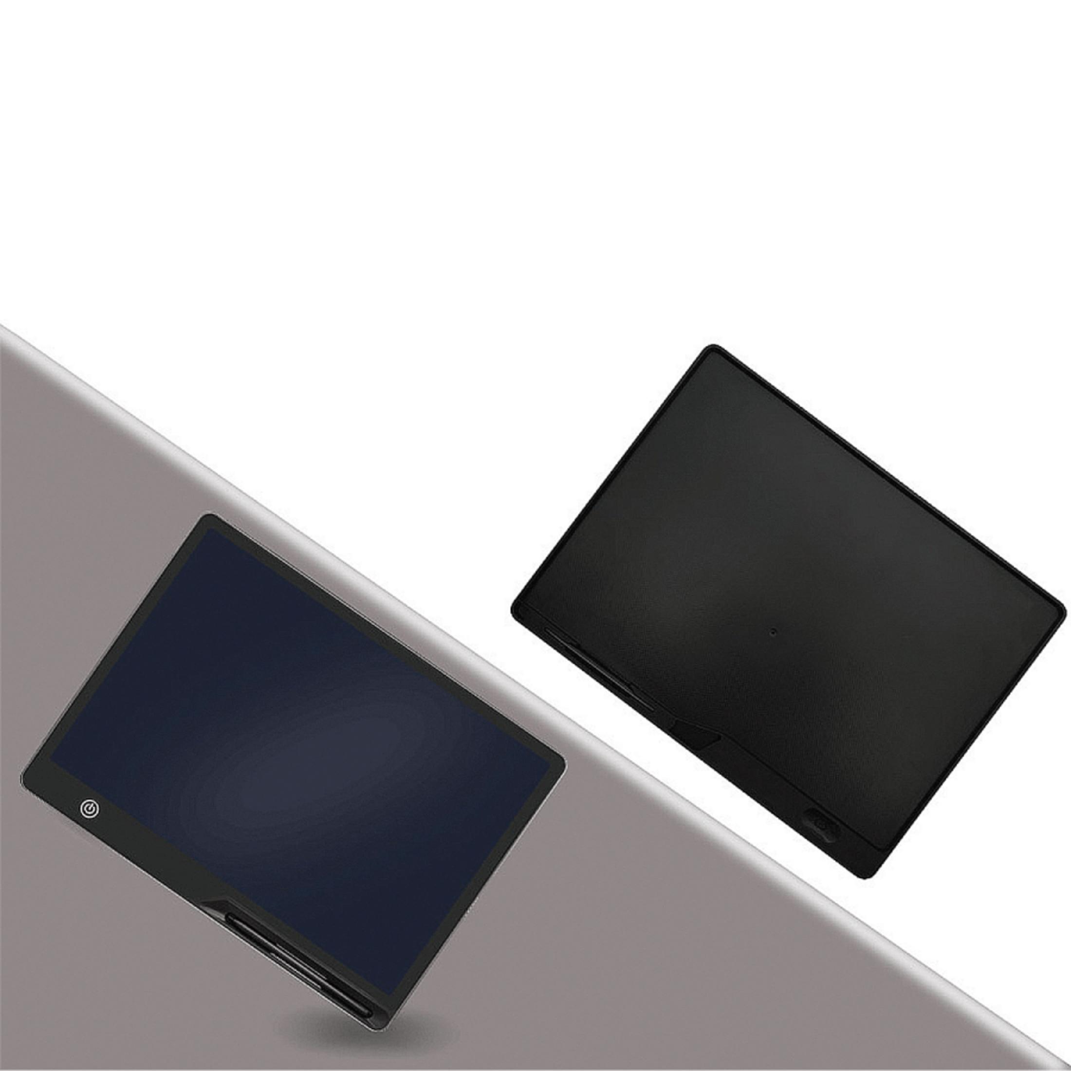 Dos tabletas negras, una con pantalla azul, sobre superficie gris.