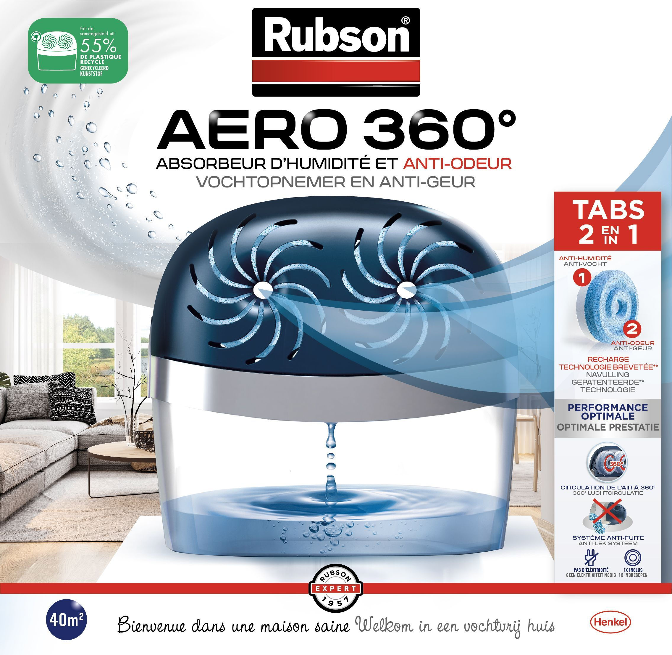 Deumidificatore Rubson AERO 360° con 55% plastica riciclata, per 40m².