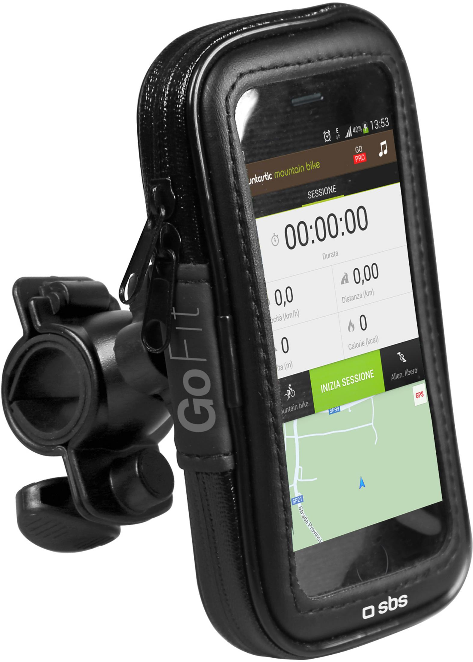 Supporto bici con app smartphone per mountain bike, mostra distanza e tempo.