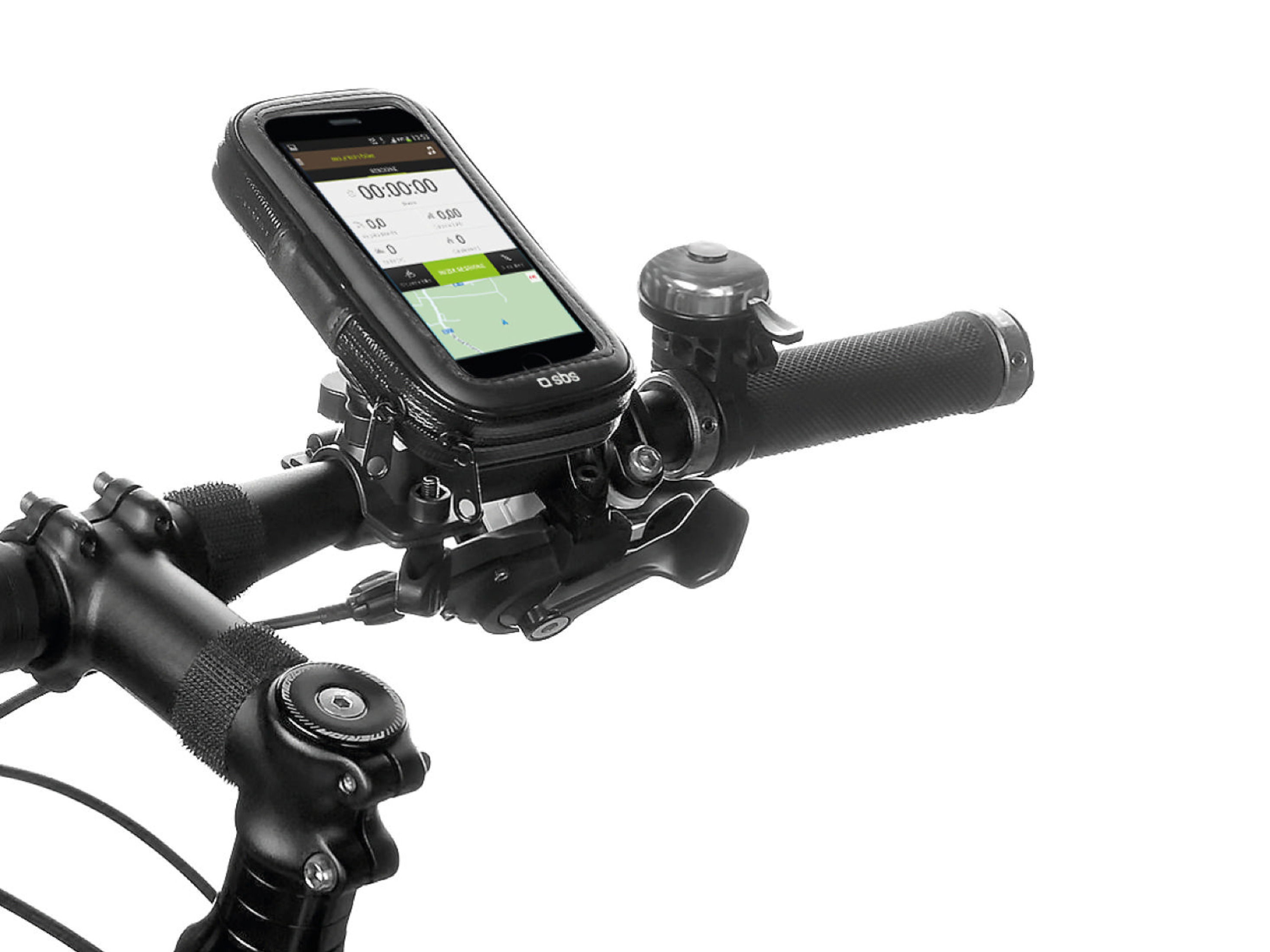 Uno smartphone in un supporto nero sul manubrio di una bicicletta con mappa.