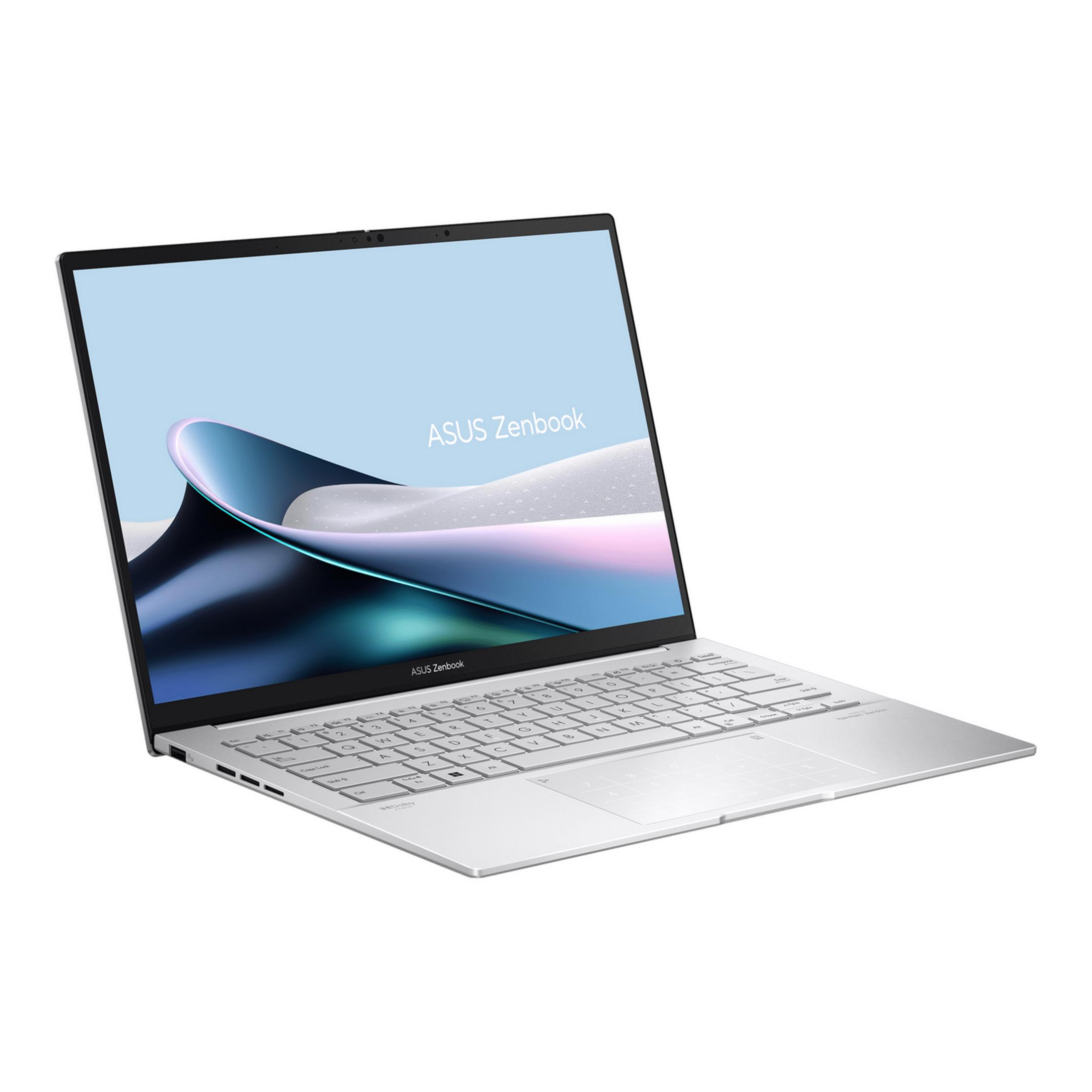 Un portátil plateado ASUS Zenbook está abierto, mostrando su pantalla con fondo abstracto azul y teclado.