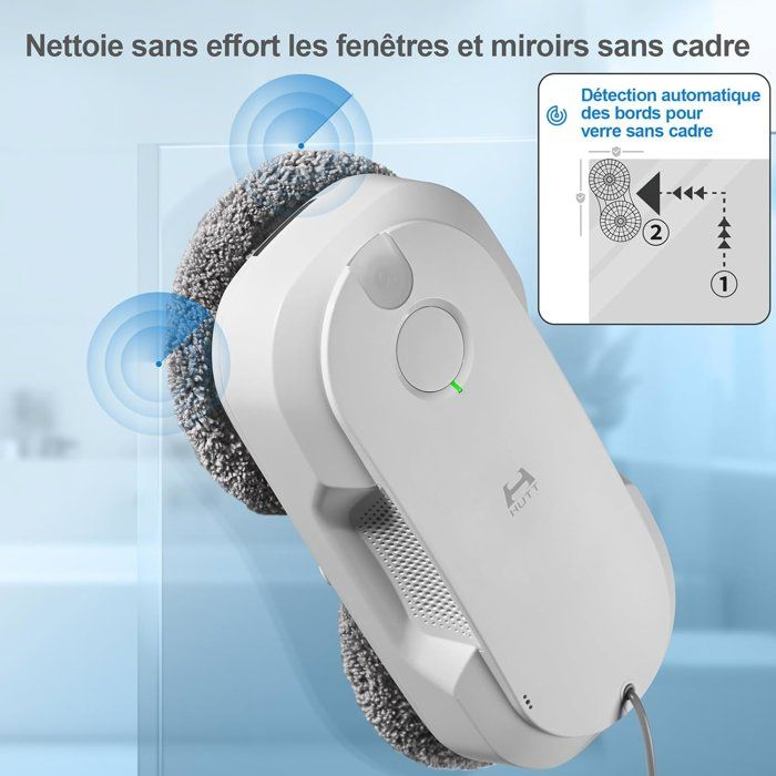 Un robot bianco pulisce una finestra senza cornice. Onde blu indicano il rilevamento.