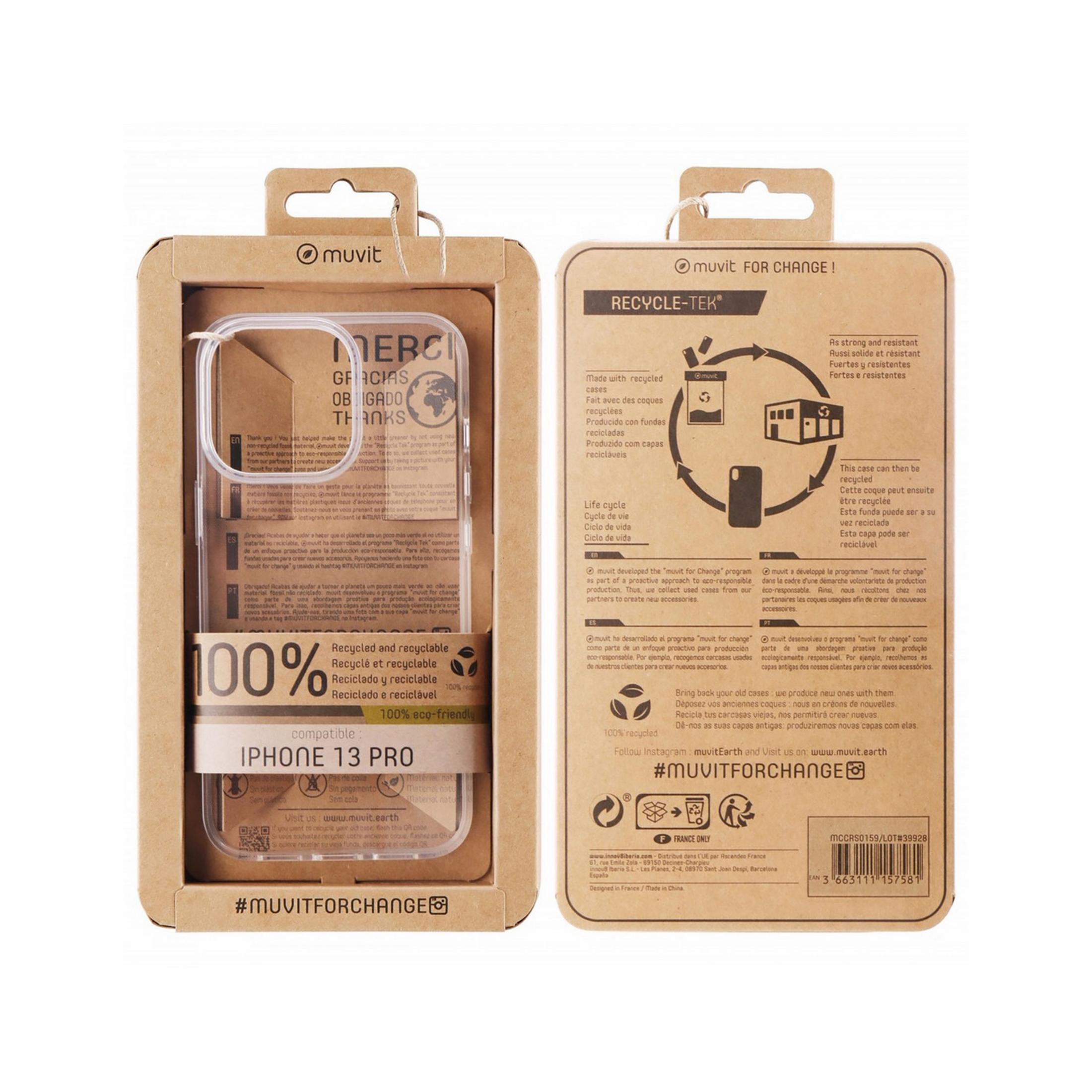 Custodia Muvit iPhone 13 Pro, 100% riciclata e riciclabile, eco-compatibile.