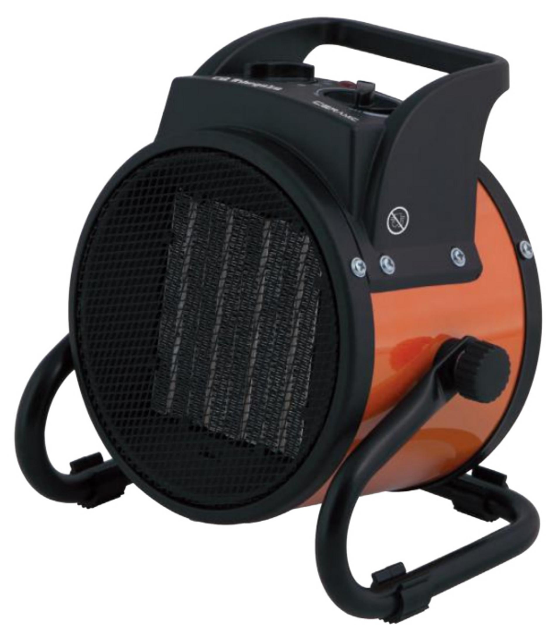 Un termoventilatore ceramico portatile nero e arancione con griglia e manico neri.