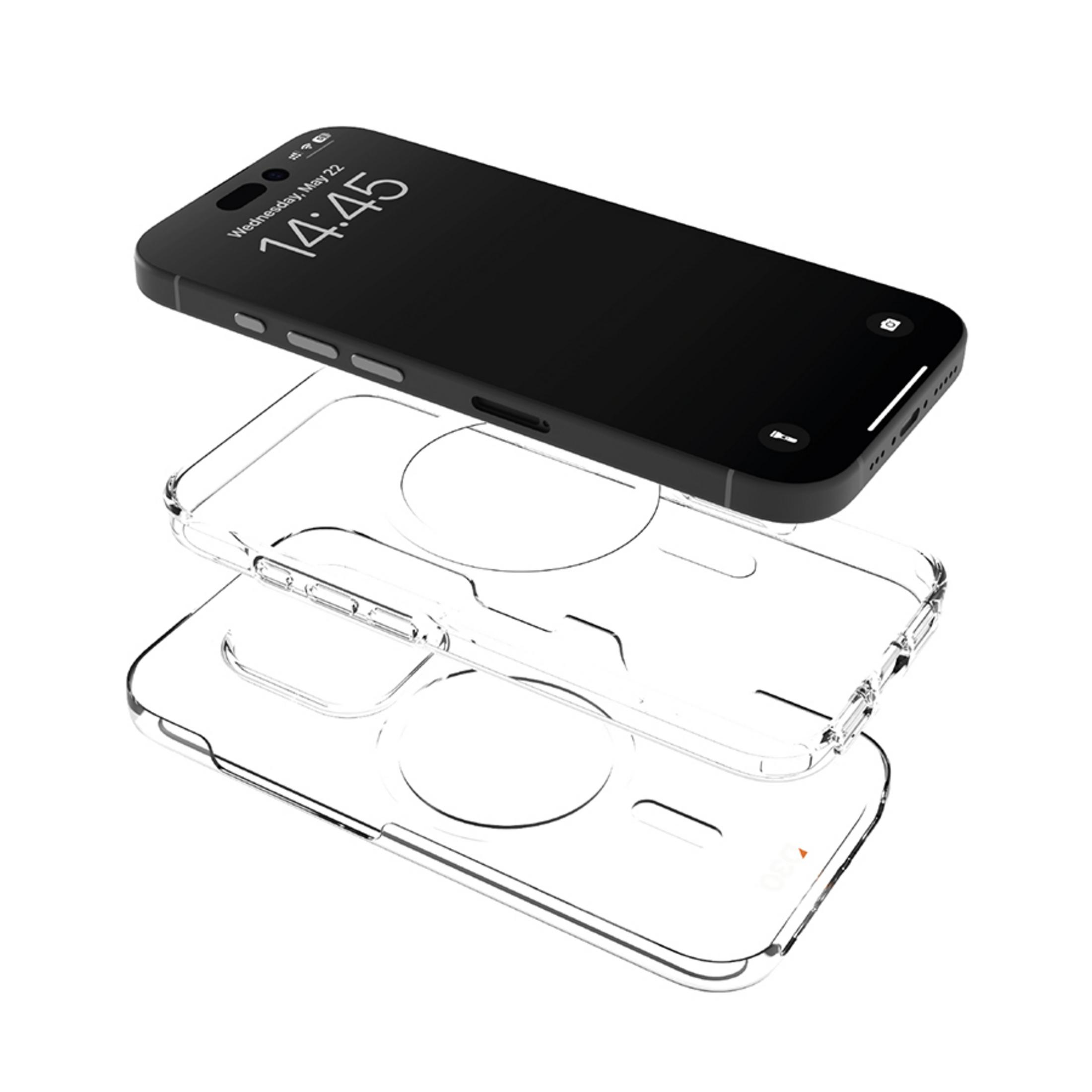 Smartphone nero sopra due custodie trasparenti su sfondo bianco.