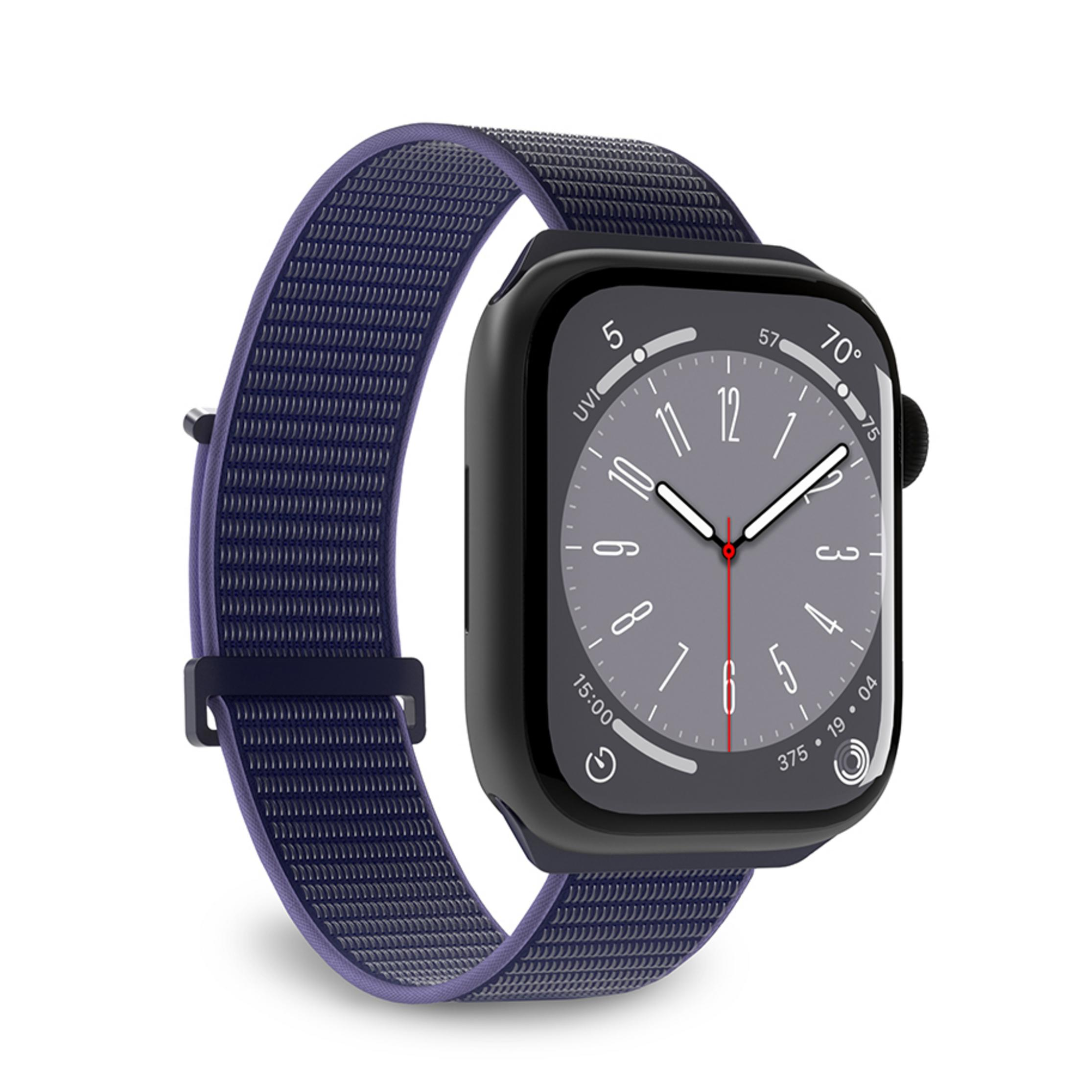 Uno smartwatch blu scuro con quadrante grigio e cinturino in tessuto.