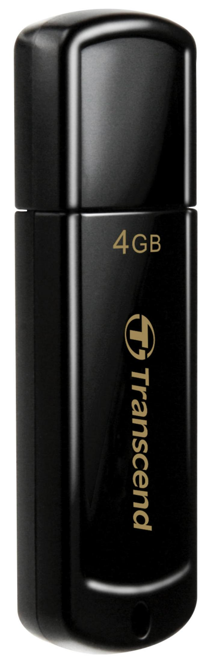 Viene mostrata una chiavetta USB Transcend nera da 4 GB con scritte dorate.