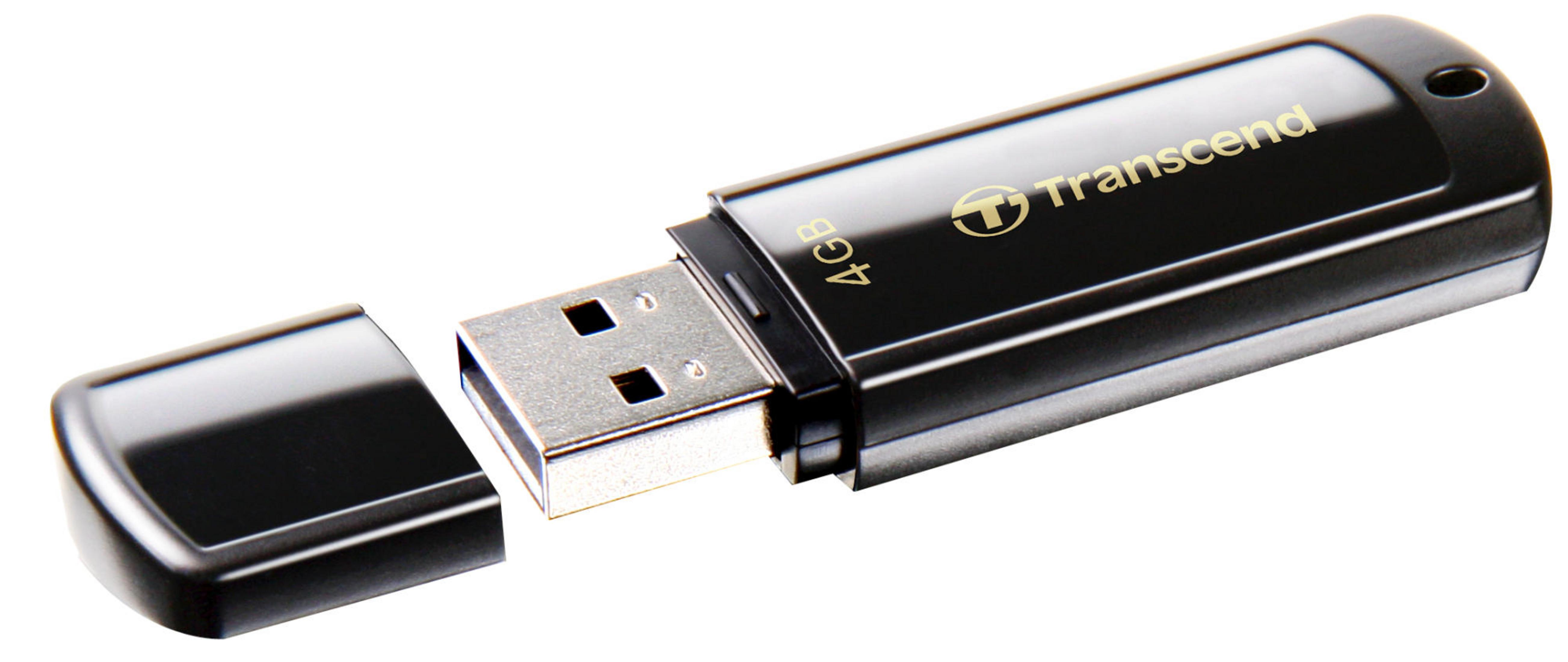 Pen drive Transcend nero da 4GB con cappuccio rimosso, connettore visibile.