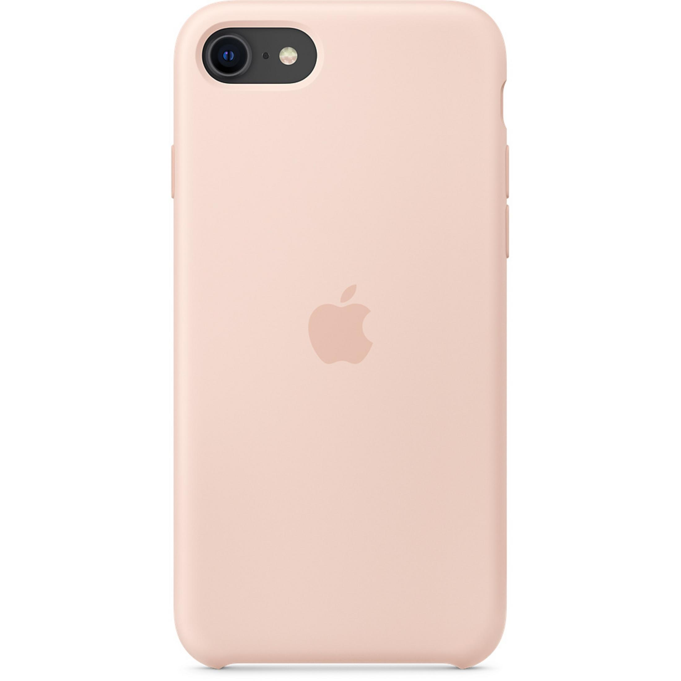 Een roze Apple iPhone met ingegraveerd logo en camera-uitsparing.