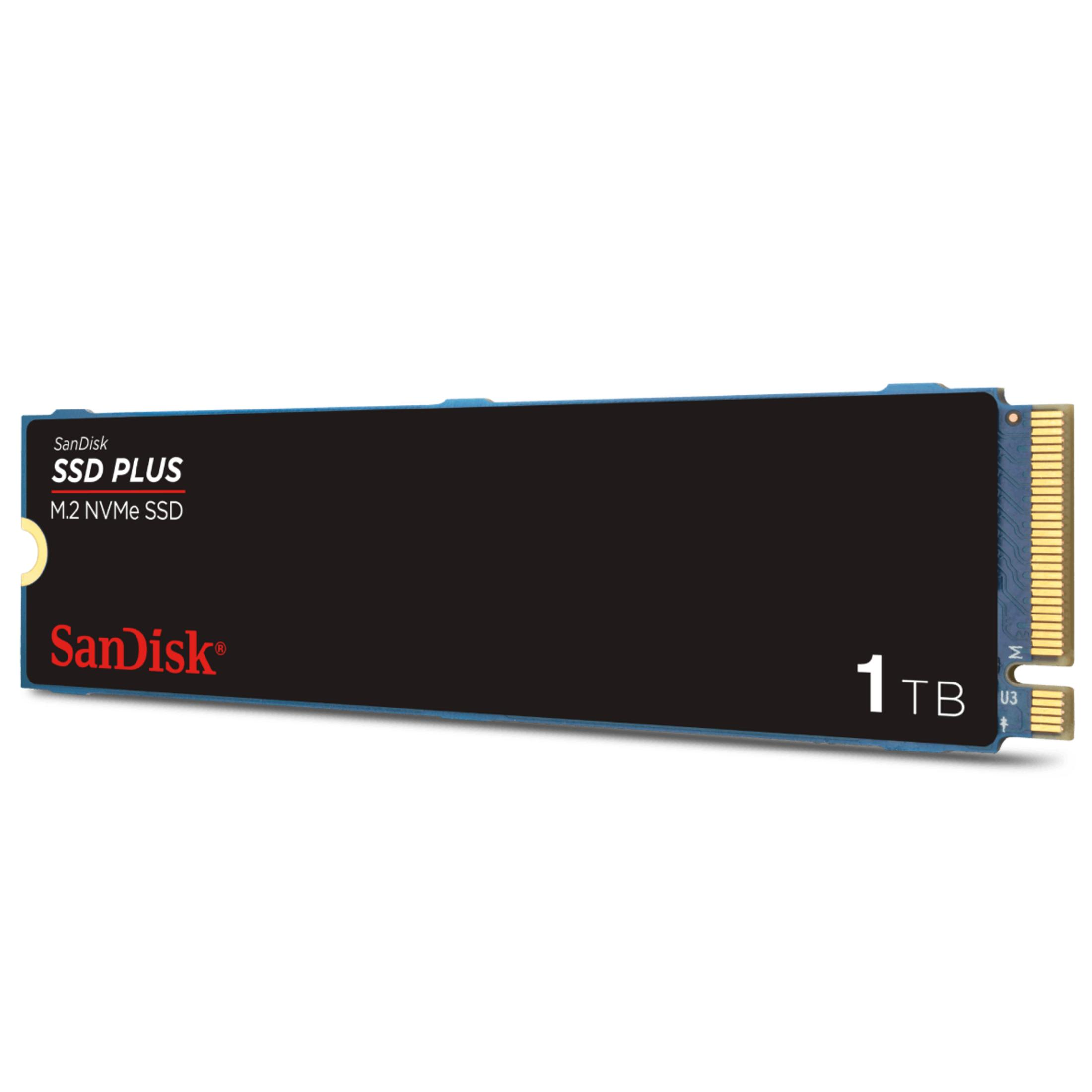 Un'unità di archiviazione SanDisk SSD PLUS M.2 NVMe da 1TB con connettori dorati.