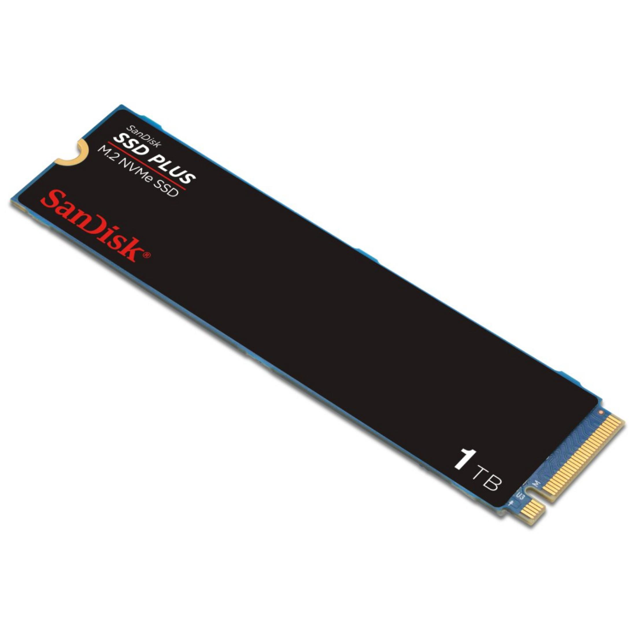 Un SSD M.2 NVMe SanDisk nero da 1 TB con connettori dorati su sfondo bianco.
