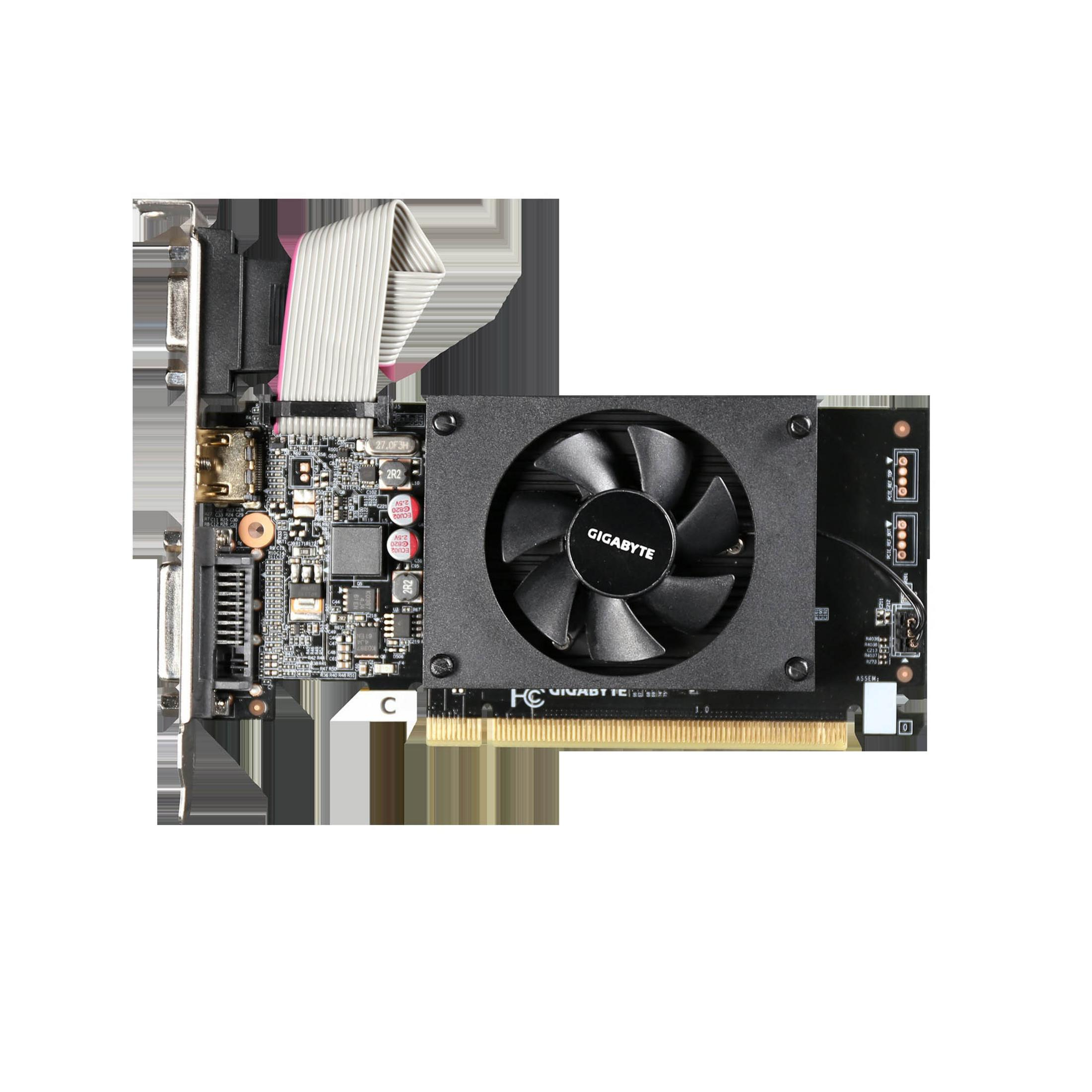 Une carte graphique Gigabyte avec ventilateur et connecteurs.