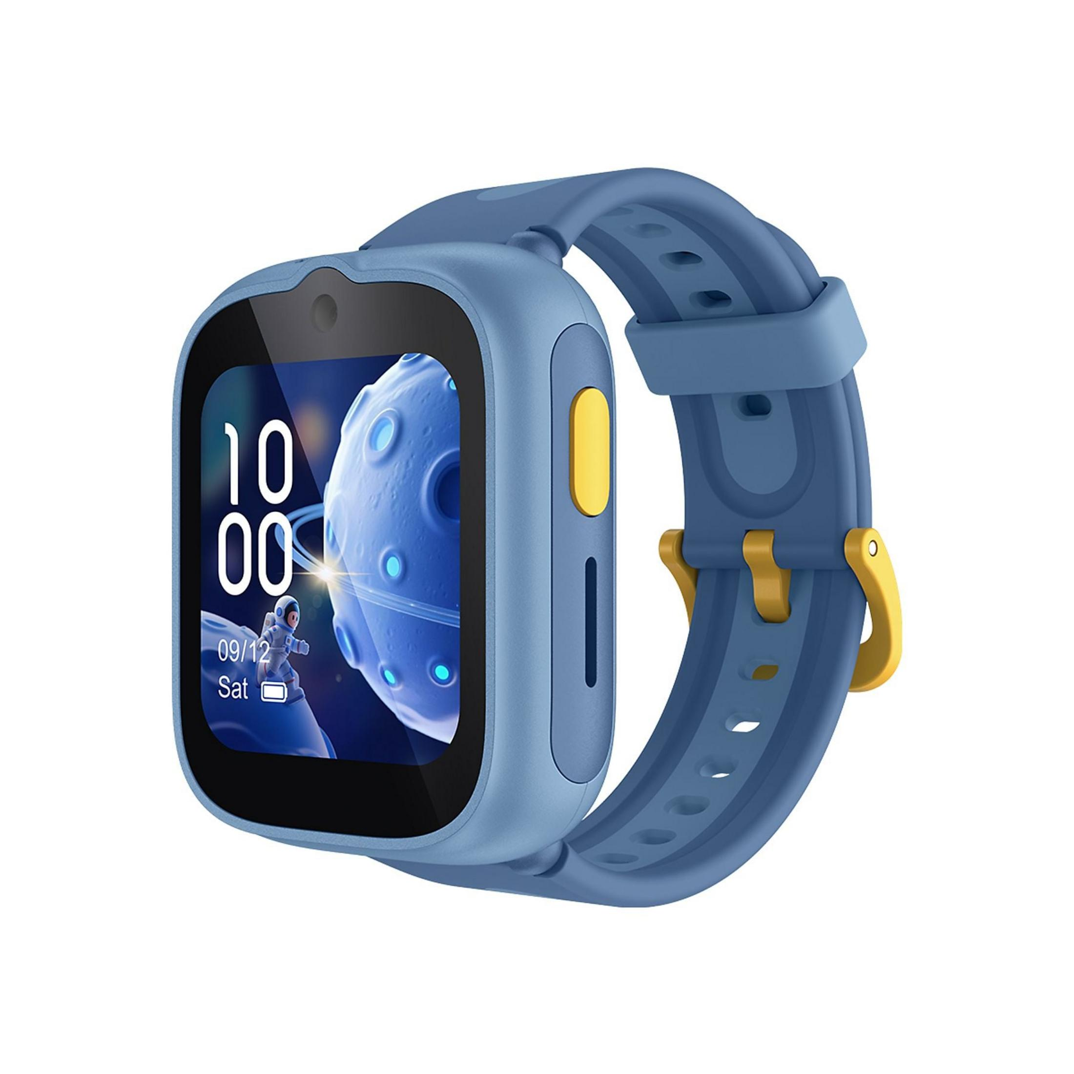 Smartwatch blu con accenti gialli, mostra ora e astronauta sullo schermo.