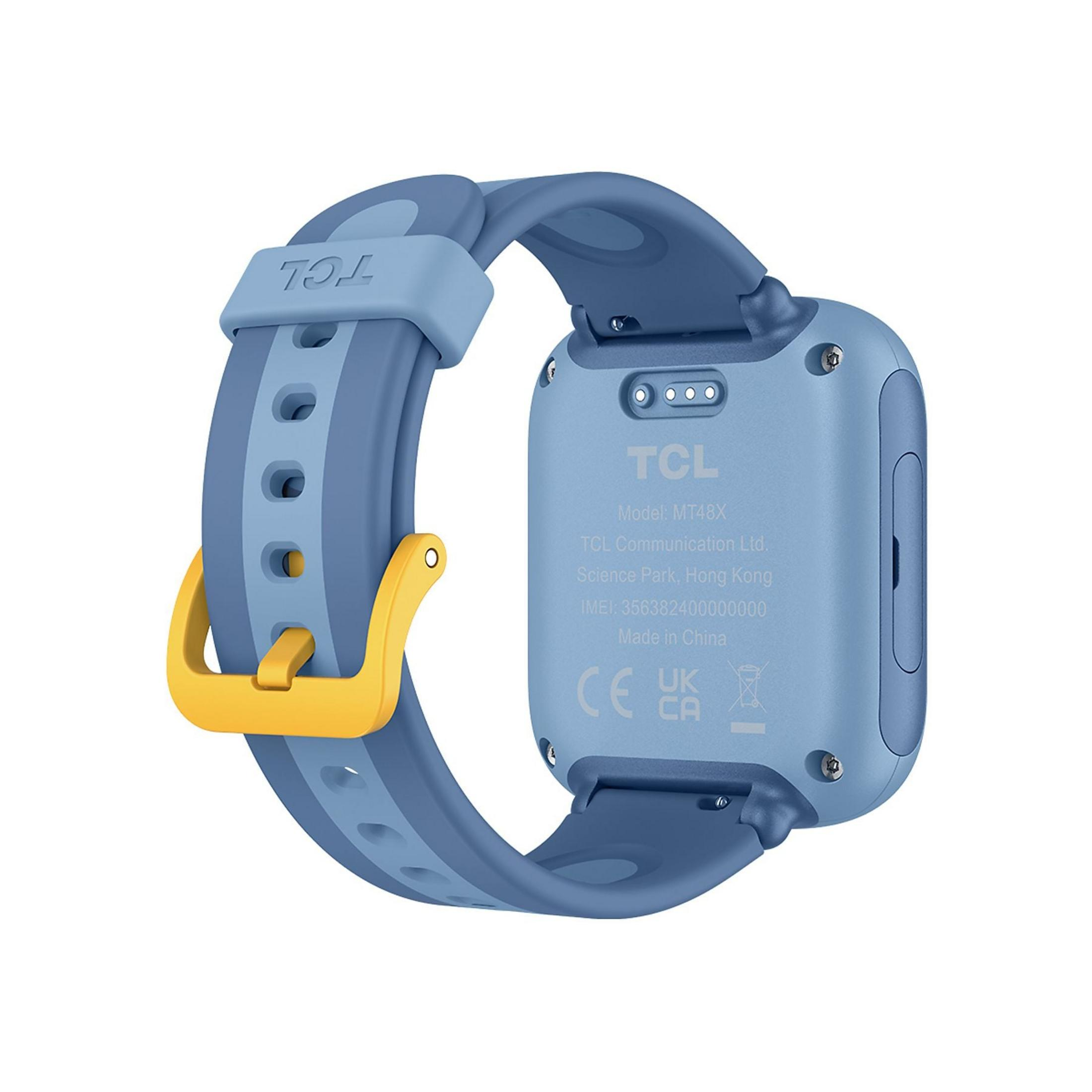 Cinturino blu smartwatch TCL con fibbia gialla, dettagli posteriori visibili.