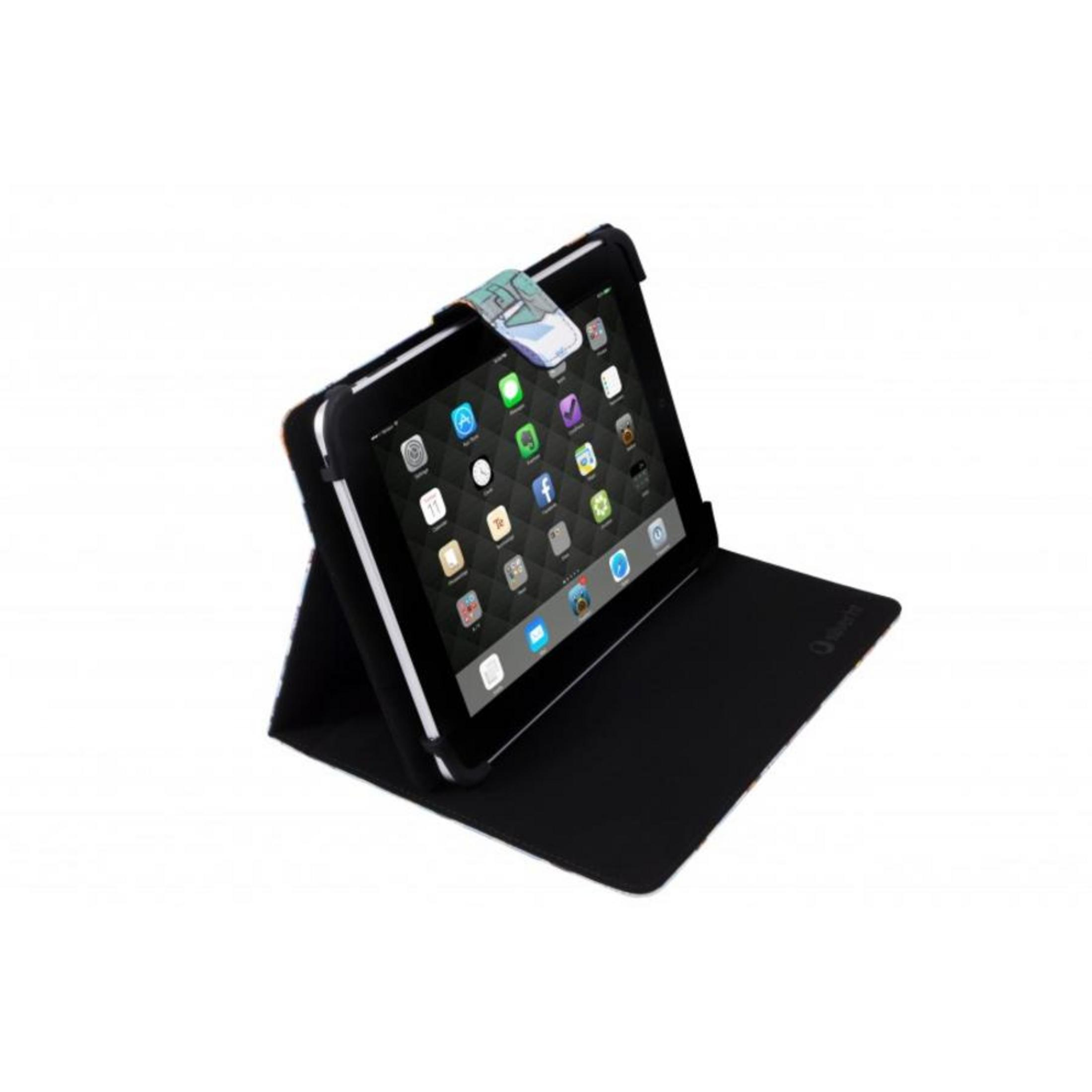 Una tableta negra en una funda con iconos coloridos en la pantalla.