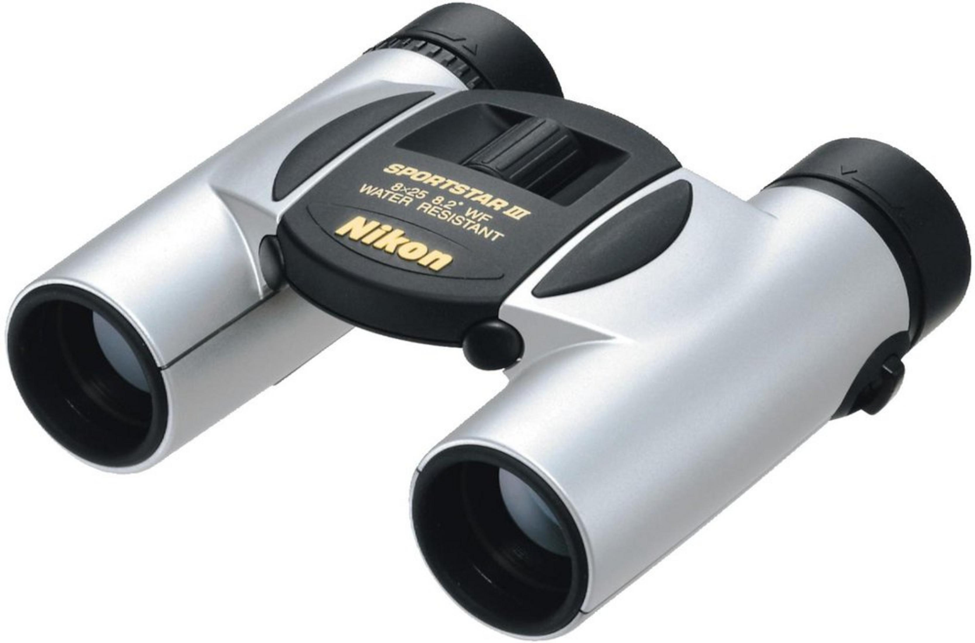 Silberne Nikon Fernglas mit schwarzer Fokussierbrücke und Okularen.