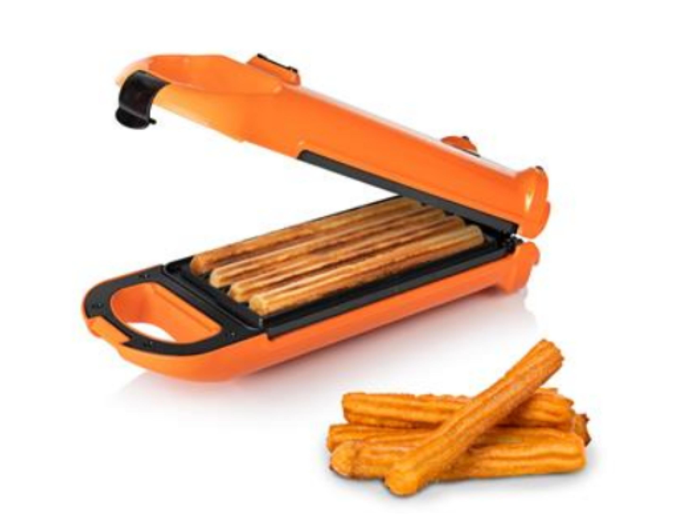 Una macchina per churros arancione con churros cotti all'interno e una pila accanto.