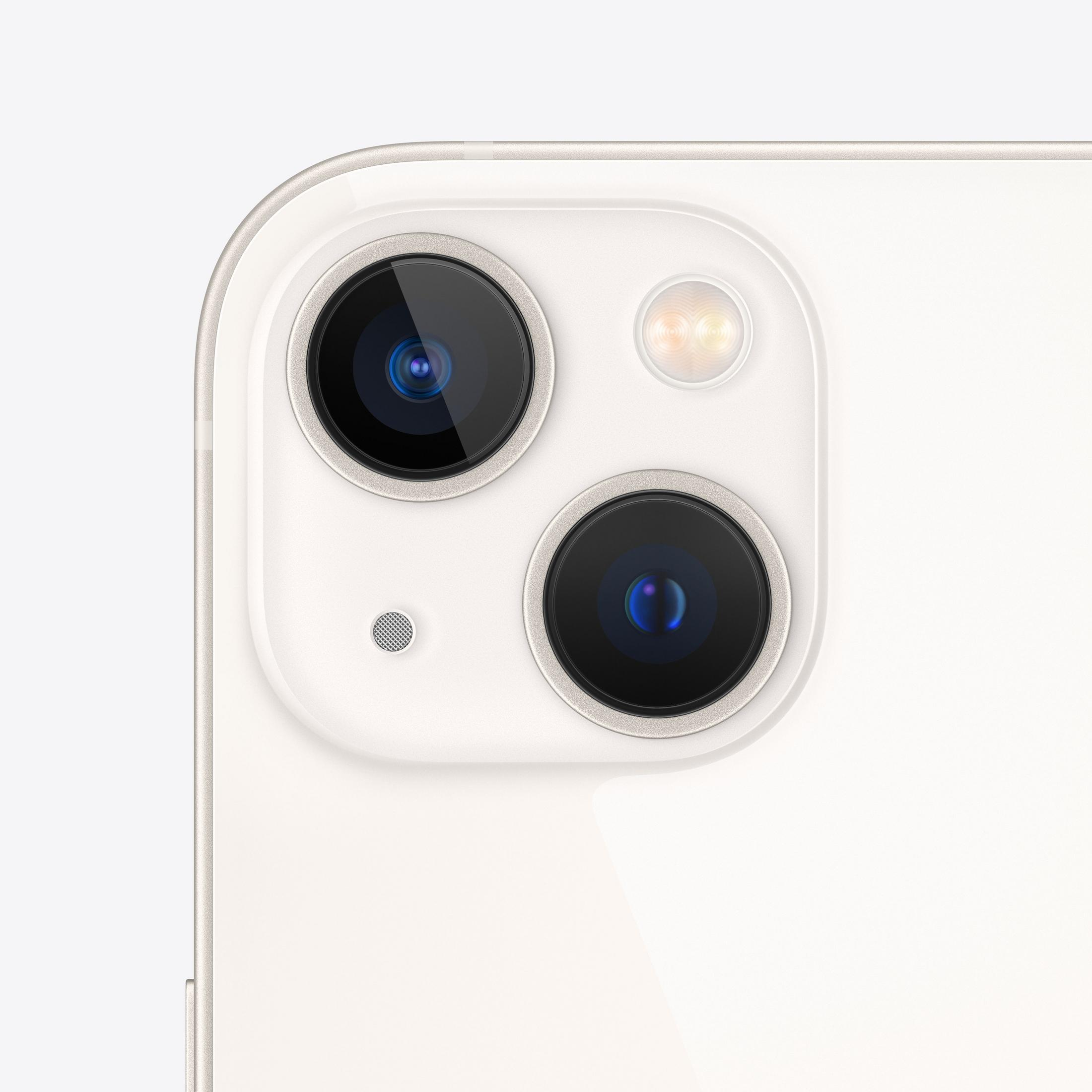 Primer plano del módulo de cámara de un iPhone blanco con dos lentes y flash.